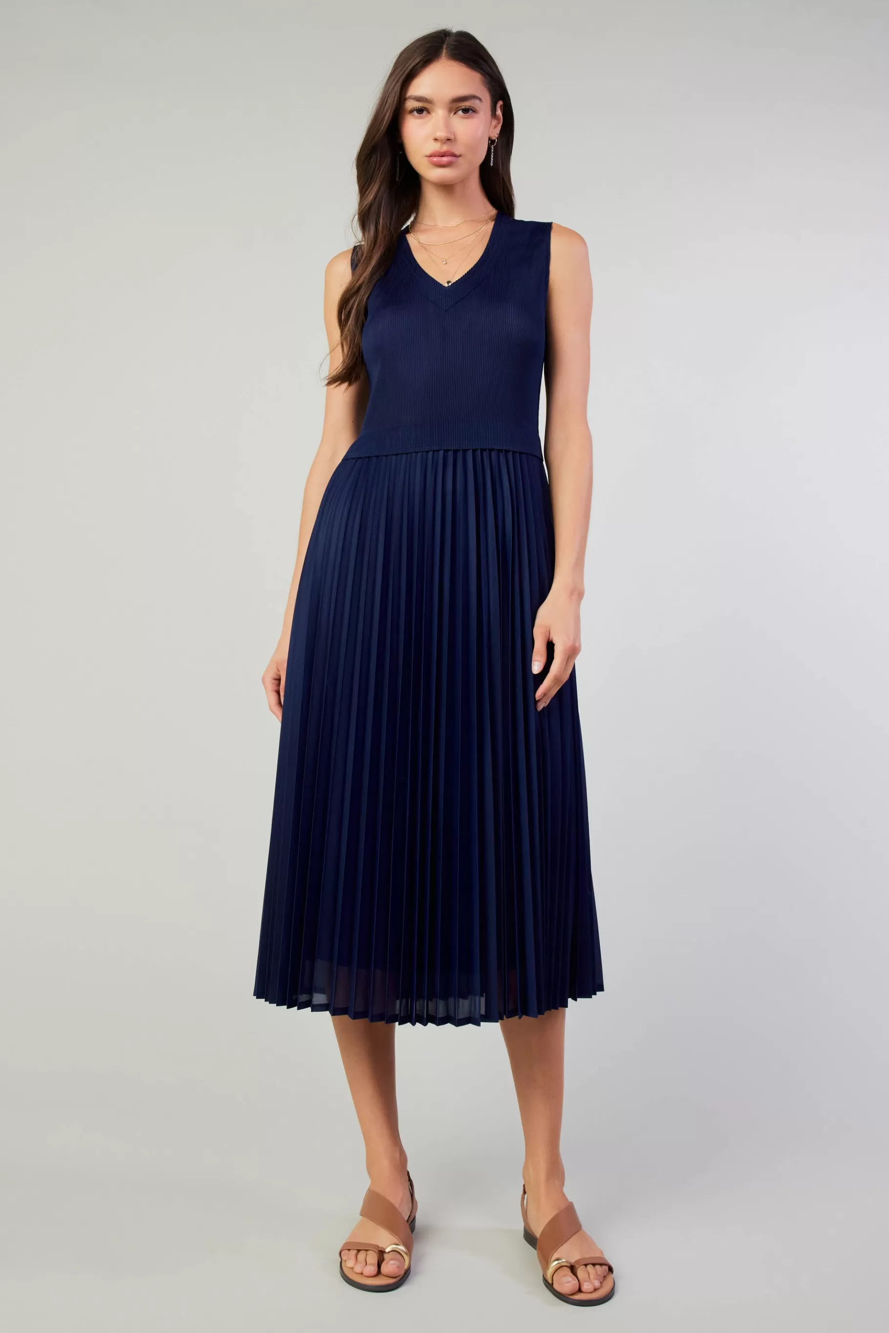 Current Air Midi Dresses>Cari Ribbed Contrast Pleated Dress NAVY