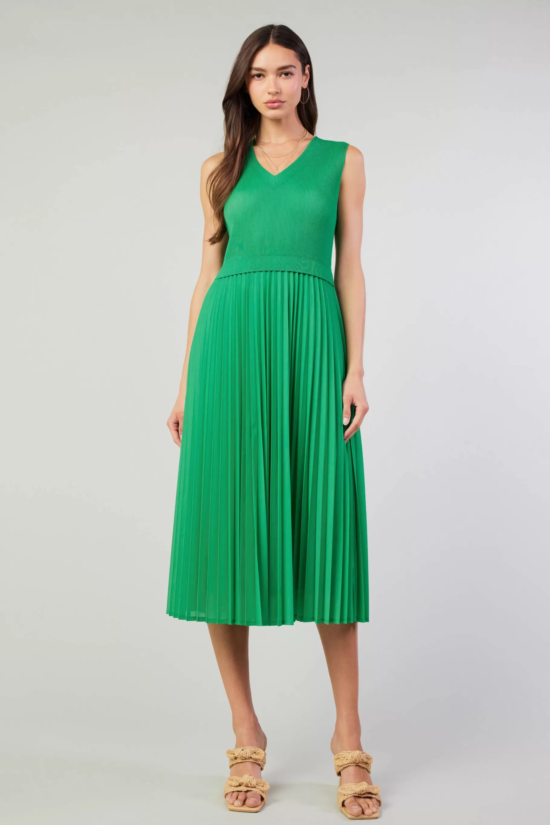 Current Air Midi Dresses>Cari Ribbed Contrast Pleated Dress SPRINGGREEN