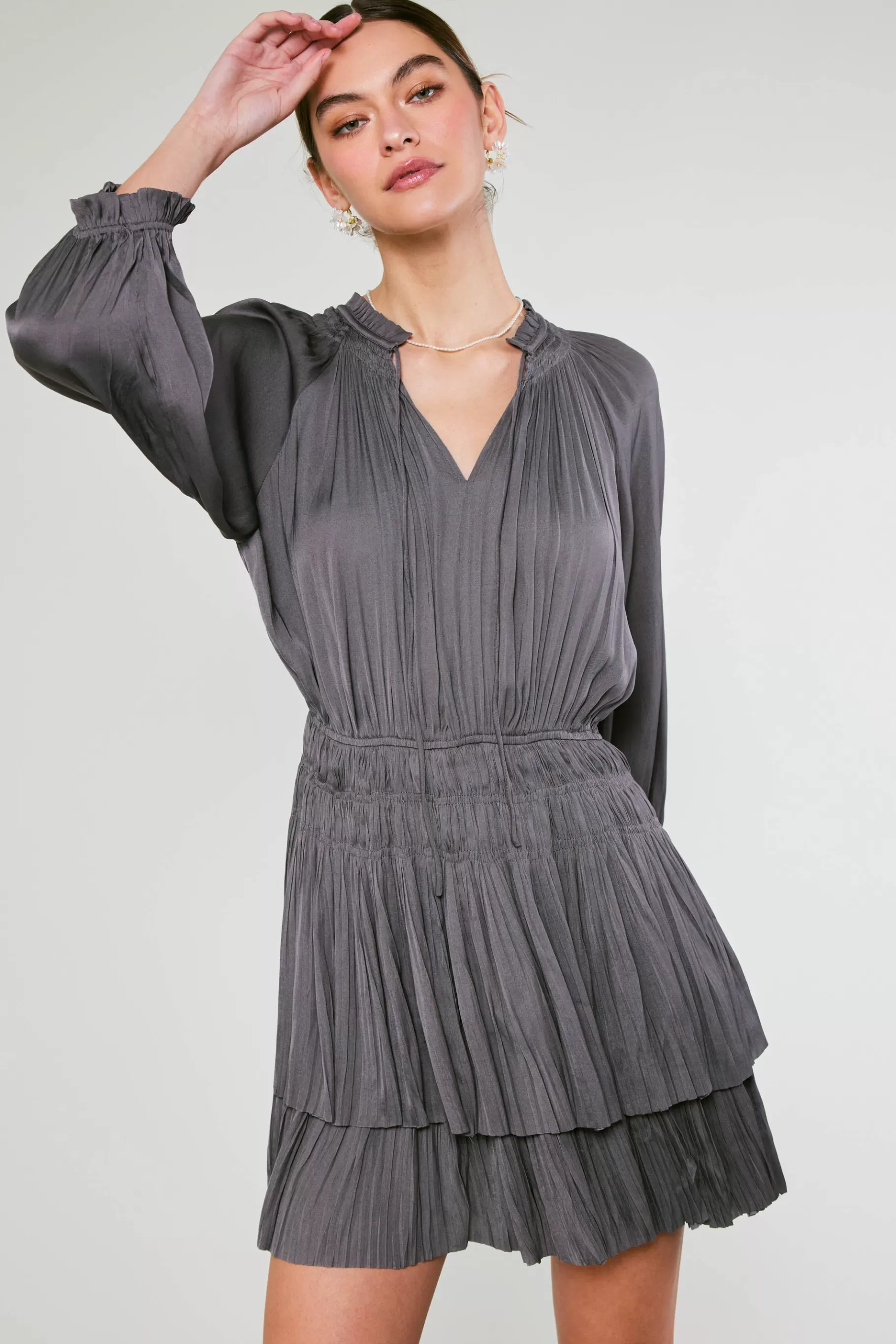 Current Air Mini Dresses>Cecile Smocked Mini Dress SLATECHARCOAL