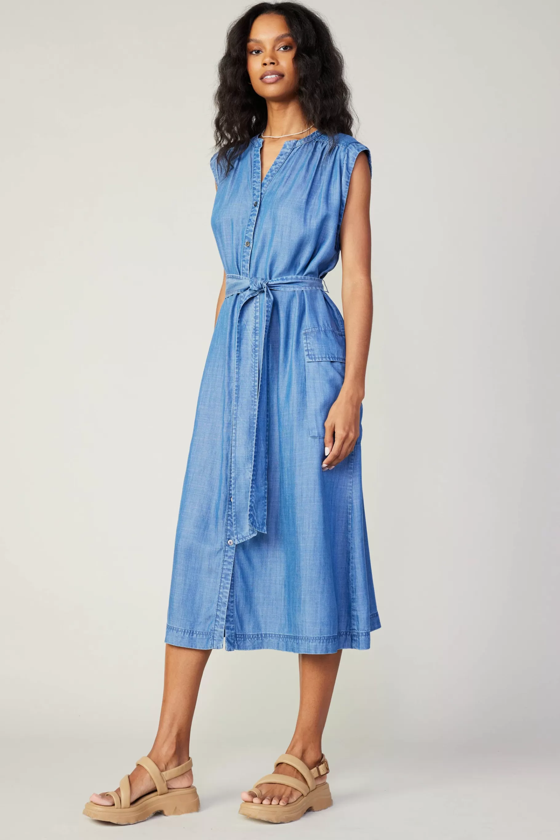 Current Air Midi Dresses>Buttondown Shirt Dress CHAMBRAY