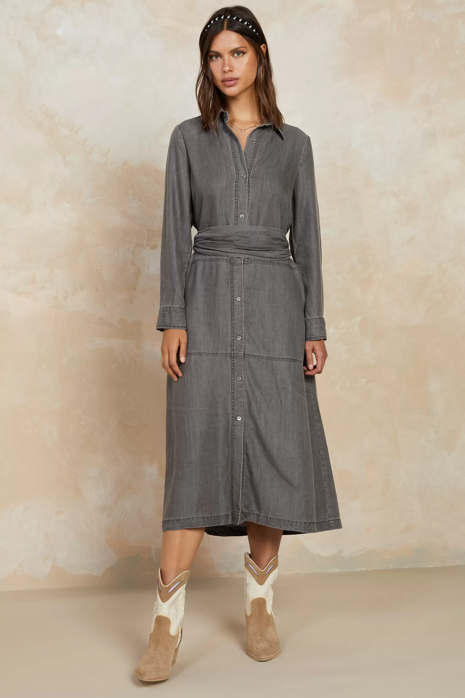 Current Air Midi Dresses>Chambray Shirt Dress WASHEDBLACK