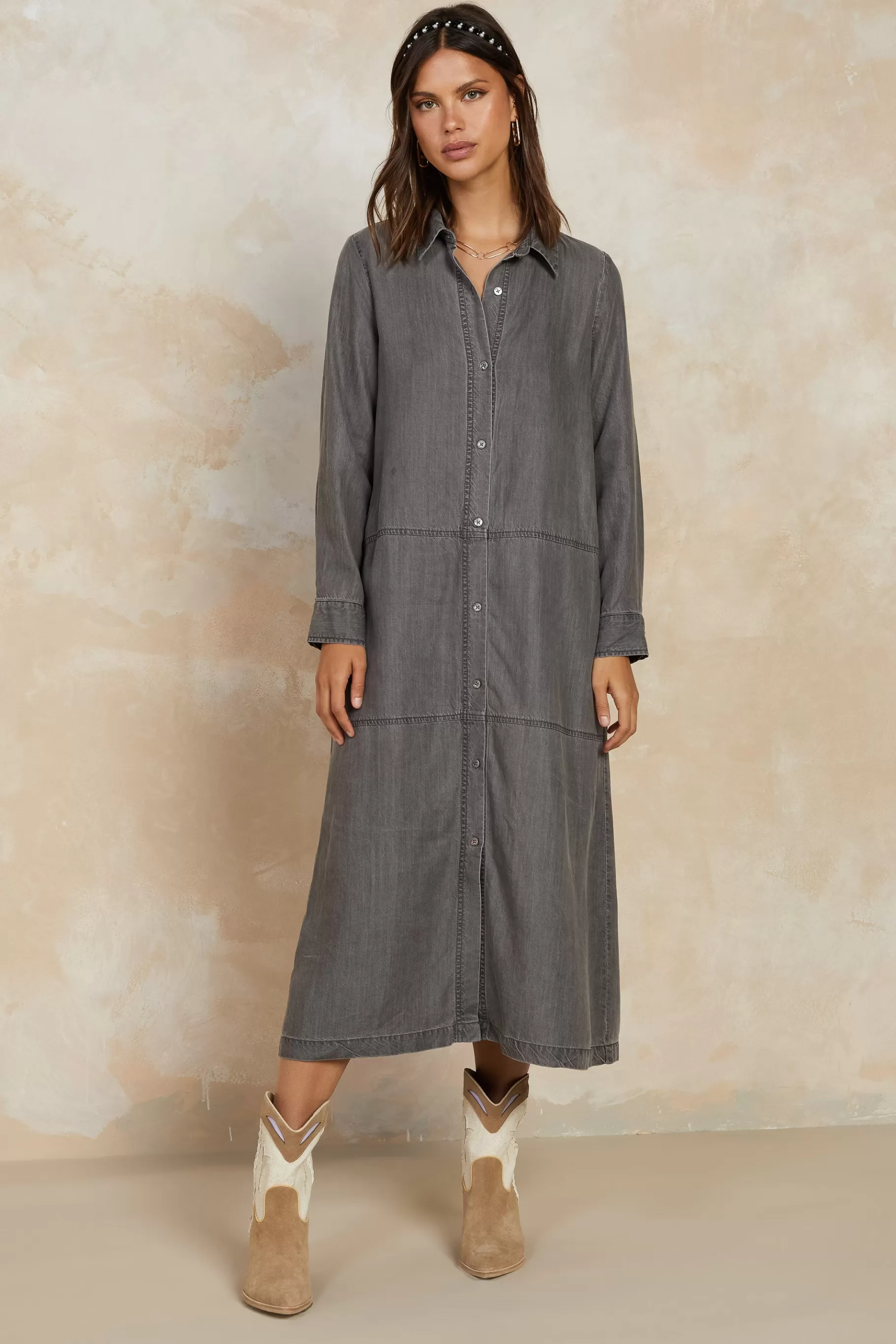 Current Air Midi Dresses>Chambray Shirt Dress WASHEDBLACK