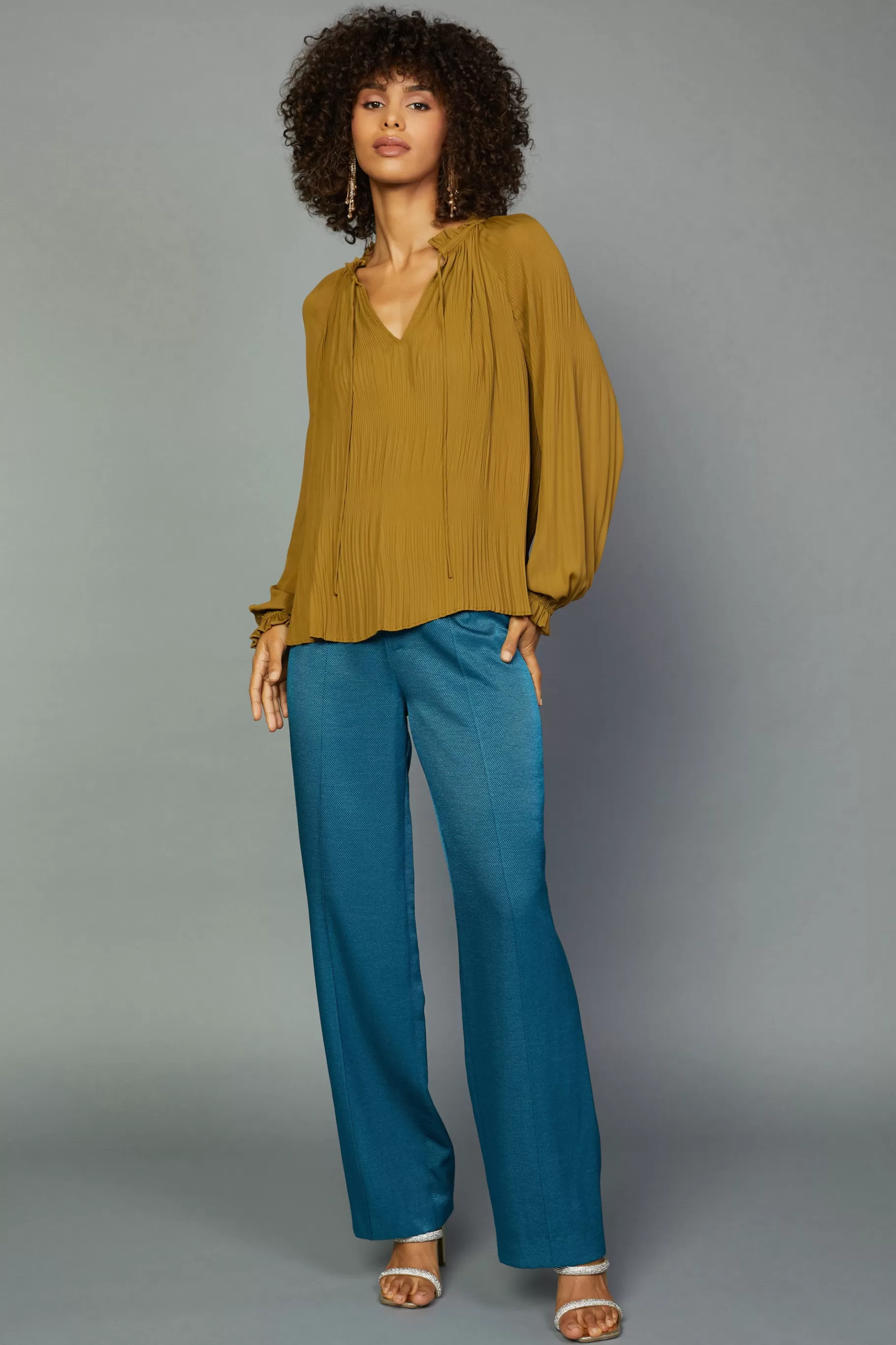 Current Air Long Sleeve Tops>Charlotte Pleated Blouse DARKOLIVE