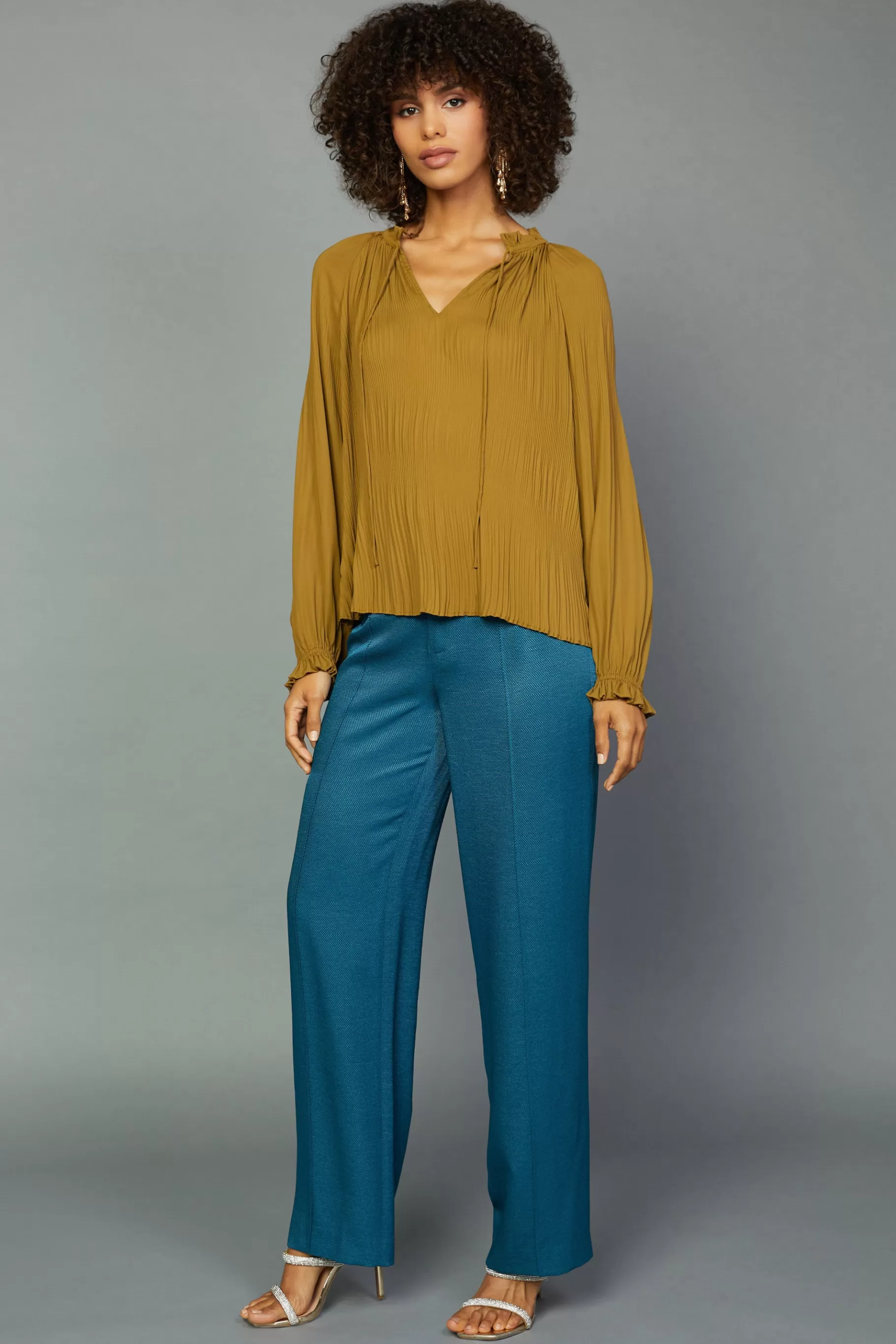 Current Air Long Sleeve Tops>Charlotte Pleated Blouse DARKOLIVE