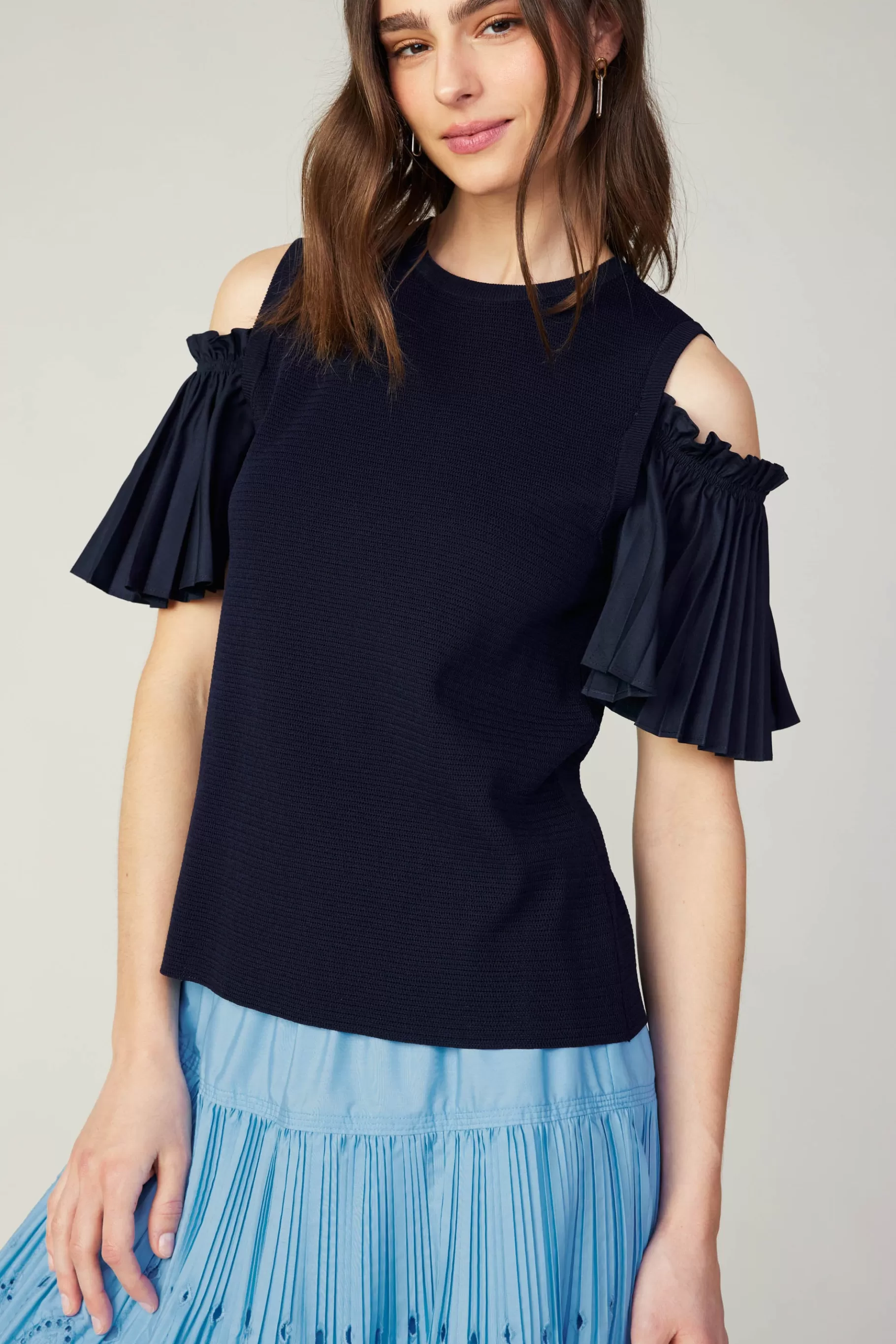 Current Air Knitwear | Short Sleeve Tops>Cold Shoulder Pleated Top NAVY