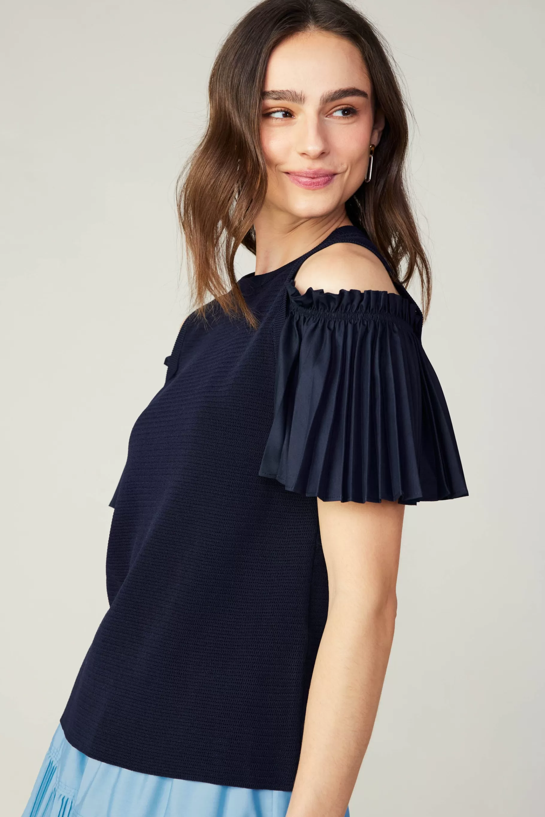 Current Air Knitwear | Short Sleeve Tops>Cold Shoulder Pleated Top NAVY