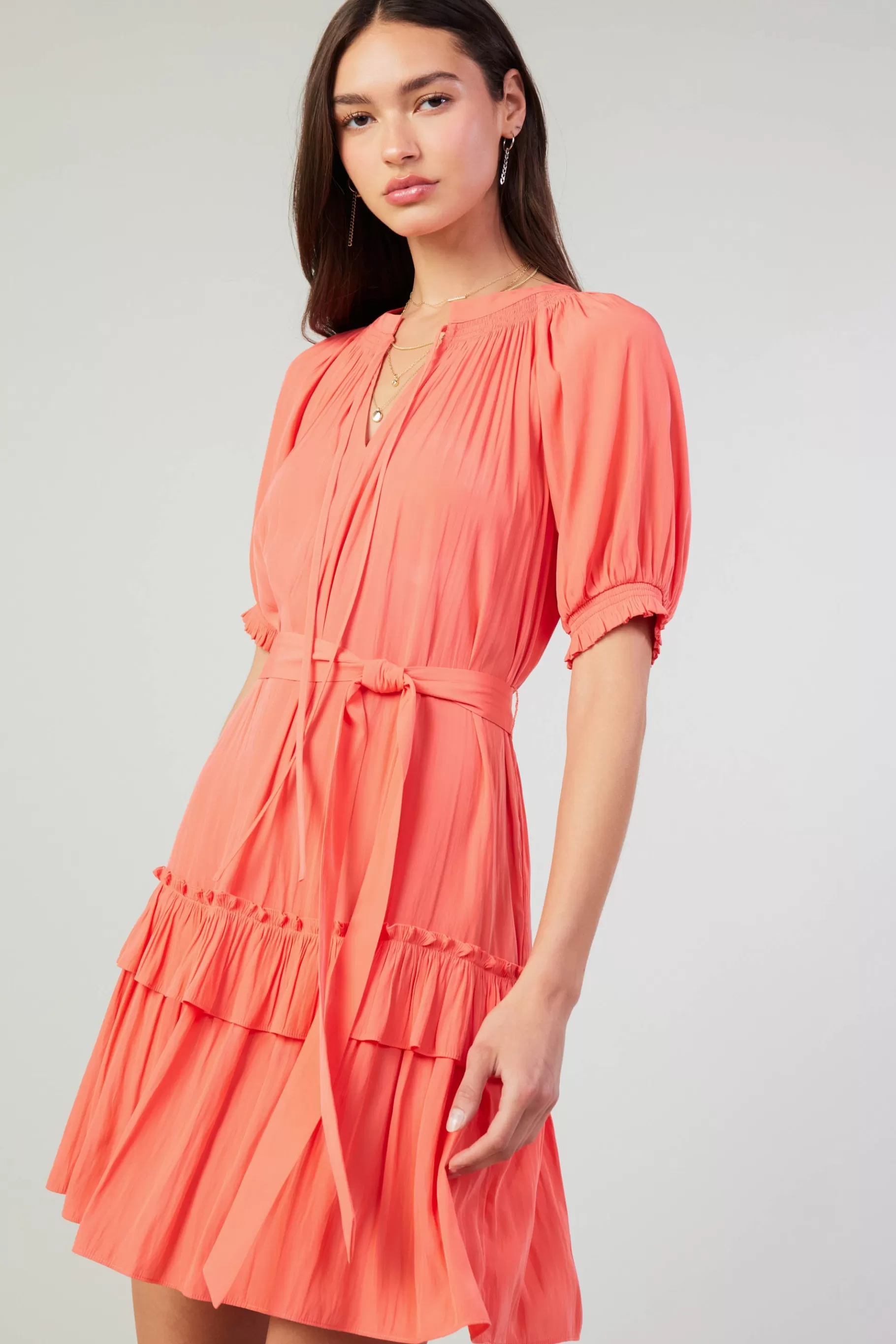 Current Air Mini Dresses>Coletta Smocked Yoke Mini Dress CORAL