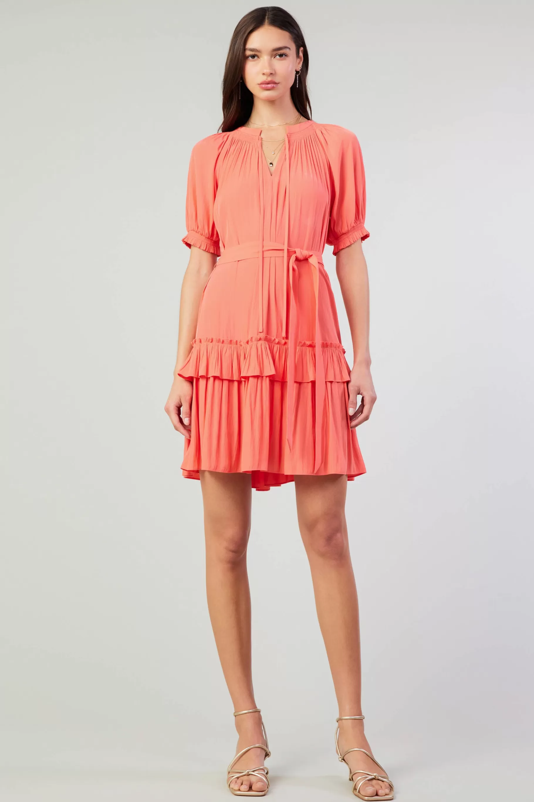 Current Air Mini Dresses>Coletta Smocked Yoke Mini Dress CORAL