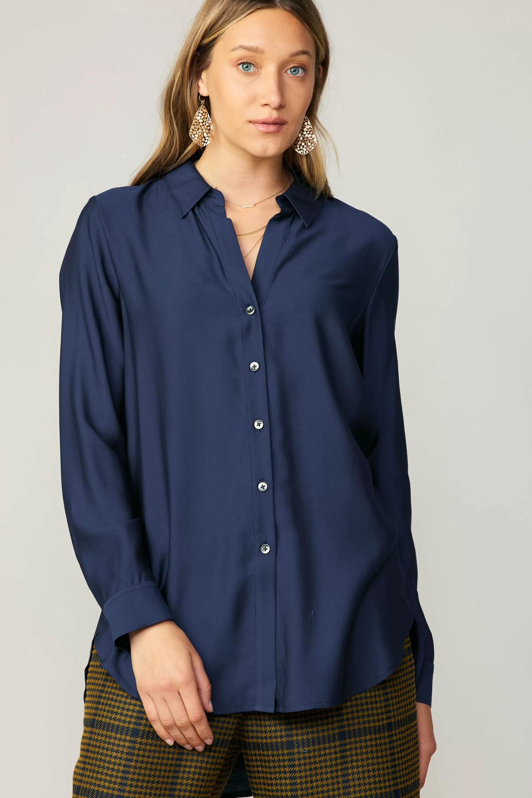 Current Air Long Sleeve Tops>Collared Button Down Shirt NAVY