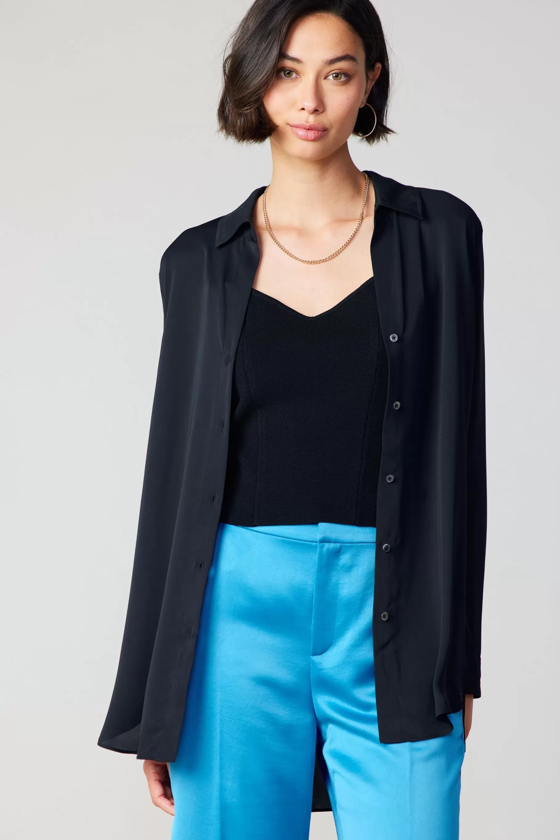 Current Air Long Sleeve Tops>Collared Buttondown Shirt BLACK