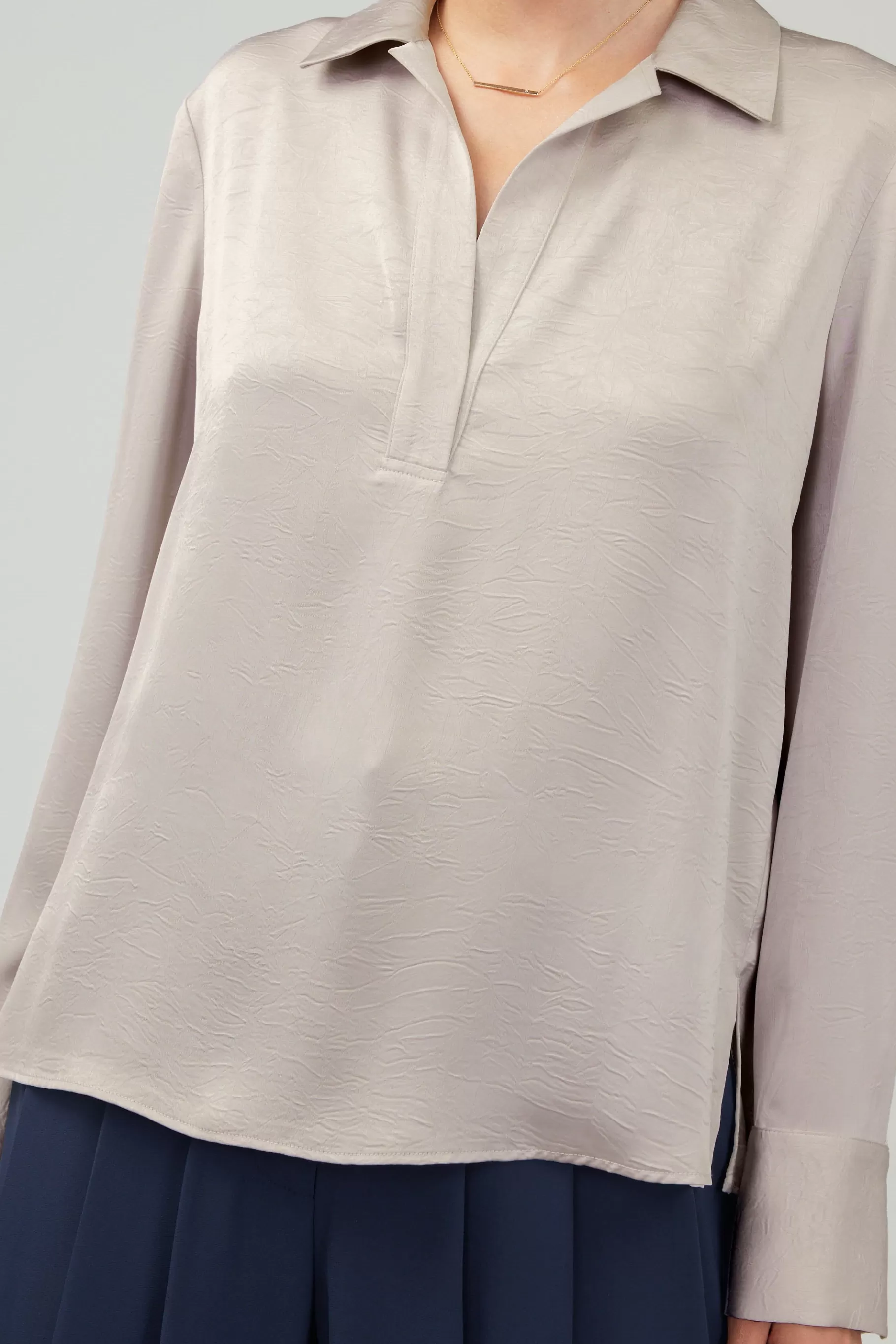 Current Air Long Sleeve Tops>Collared Splitneck Blouse SILVERSTONE