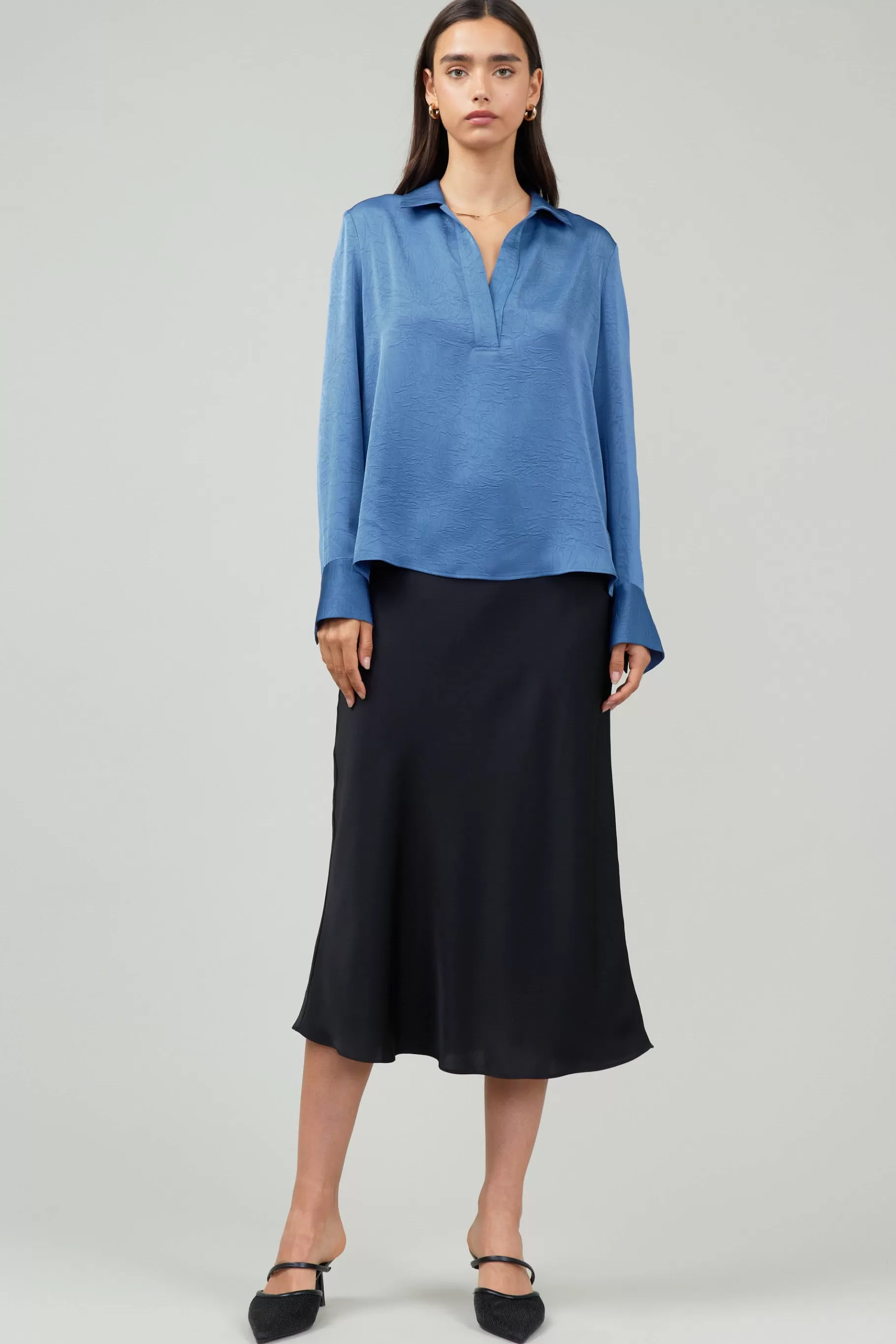 Current Air Long Sleeve Tops>Collared Splitneck Blouse DUSTYBLUE