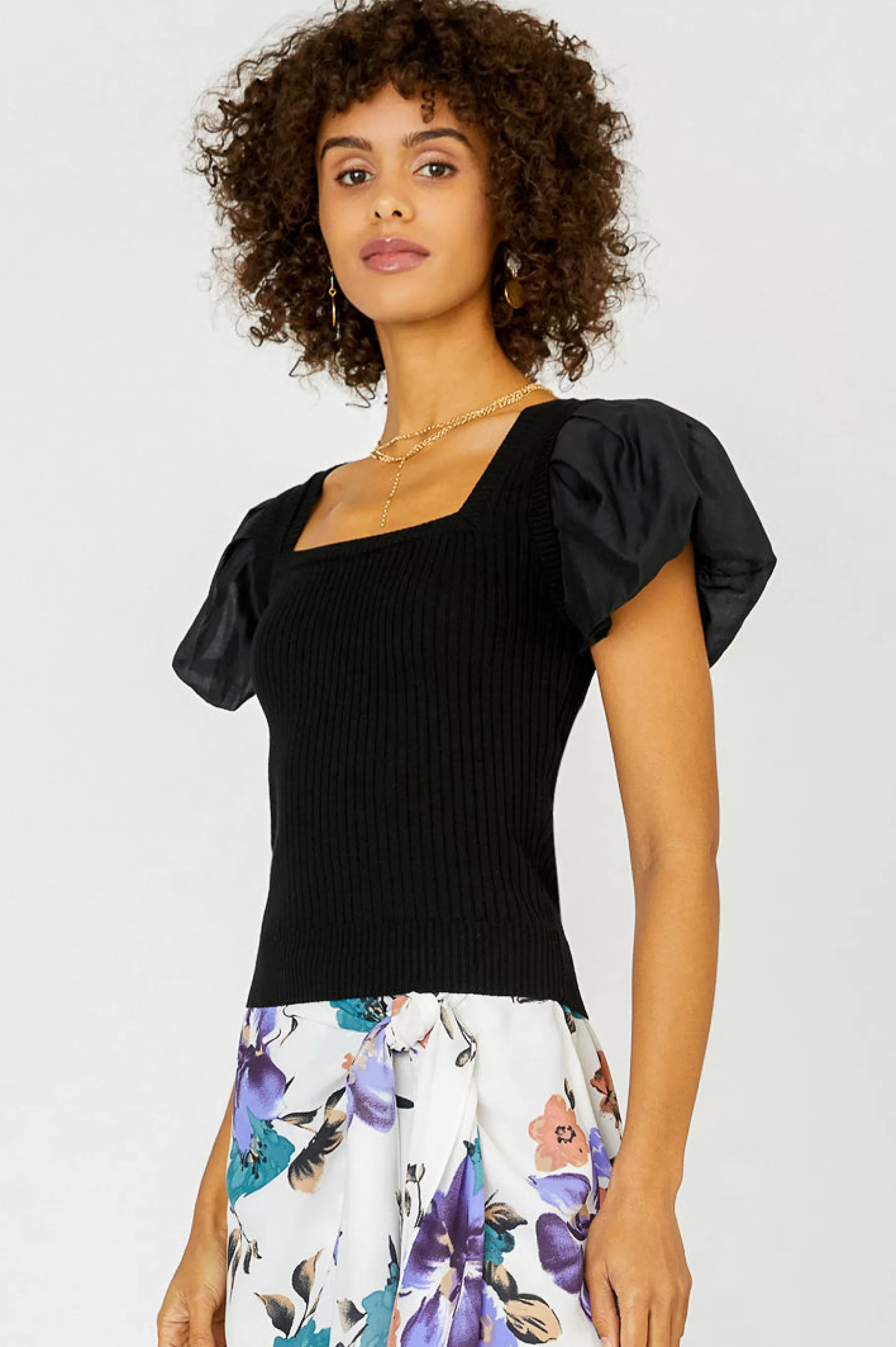 Current Air Short Sleeve Tops | Sweaters>Constrast Puff Sleeve Sweater Top BLACK