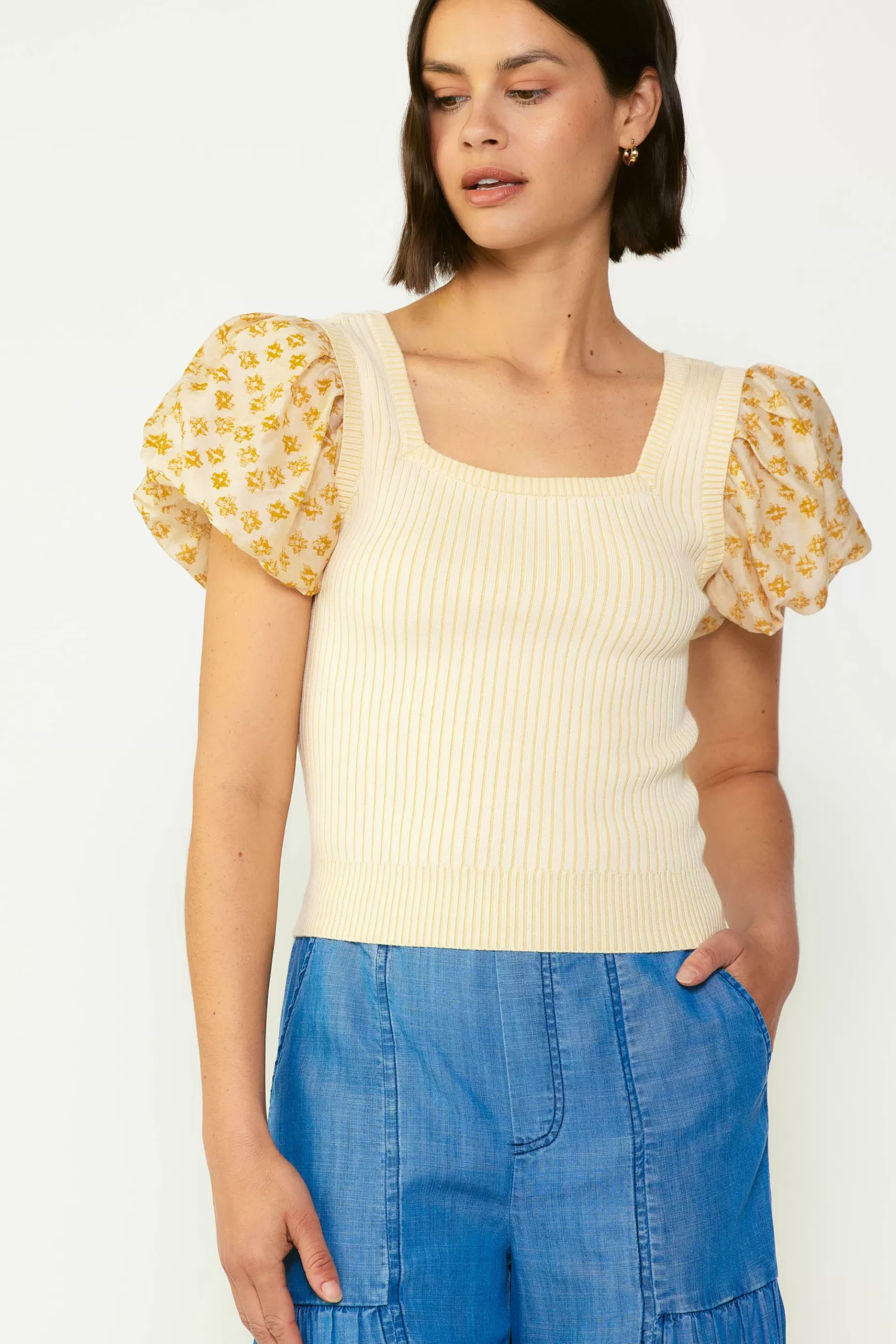 Current Air Short Sleeve Tops | Sweaters>Constrast Puff Sleeve Sweater Top APRICOTMLT
