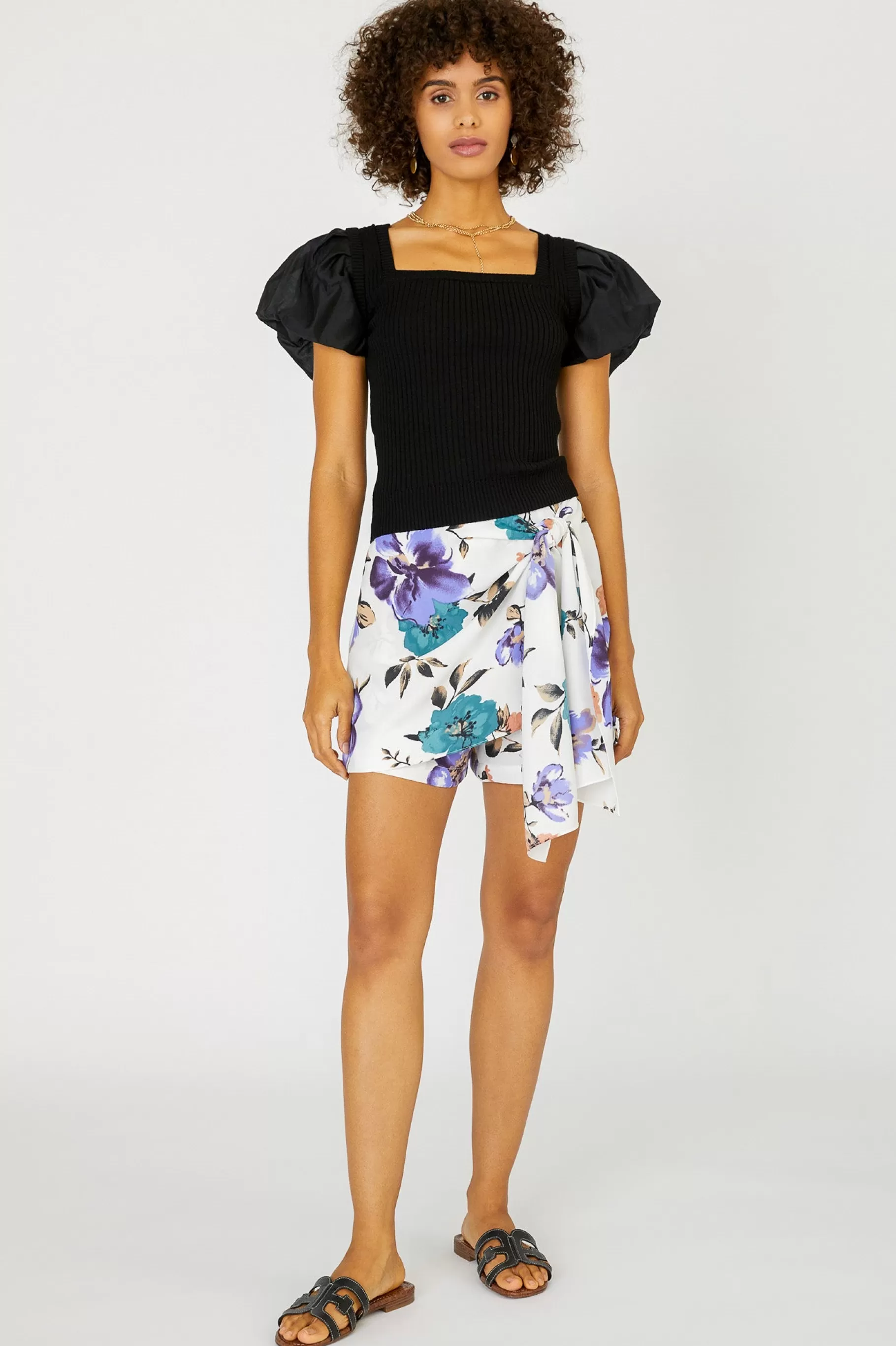 Current Air Short Sleeve Tops | Sweaters>Constrast Puff Sleeve Sweater Top BLACK