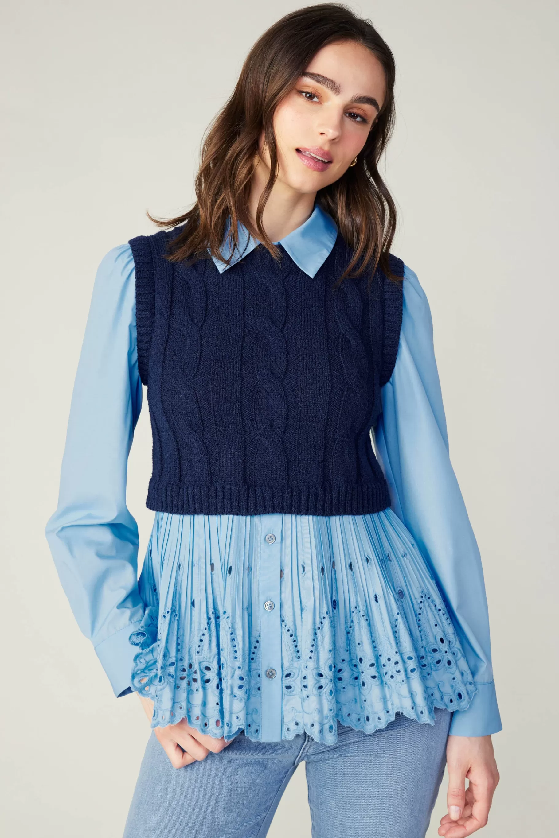 Current Air Knitwear | Sweaters>Contrast Knit Eyelet Top BABYBLUE