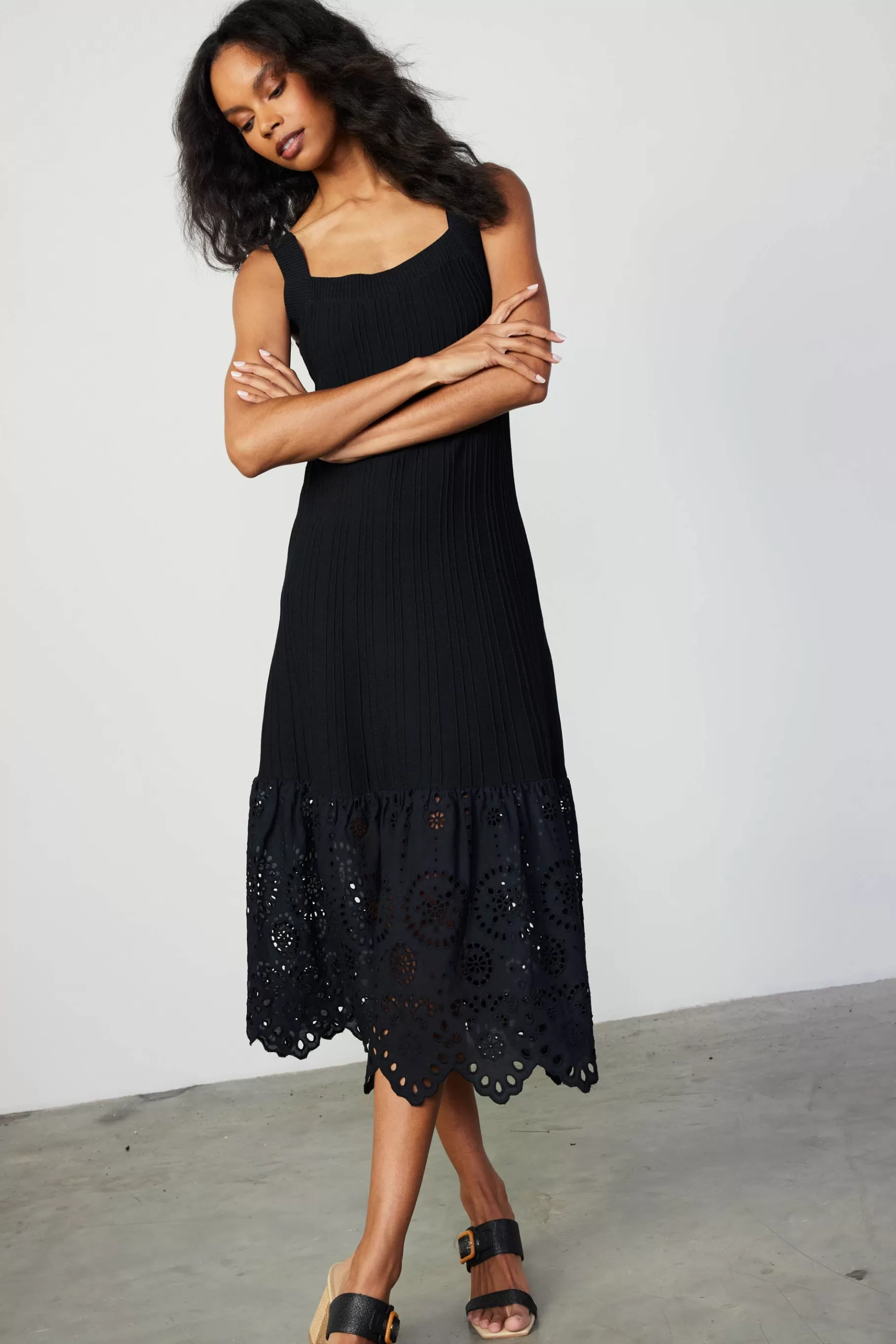 Current Air Knitwear | Midi Dresses>Contrast Lace Knit Dress BLACK