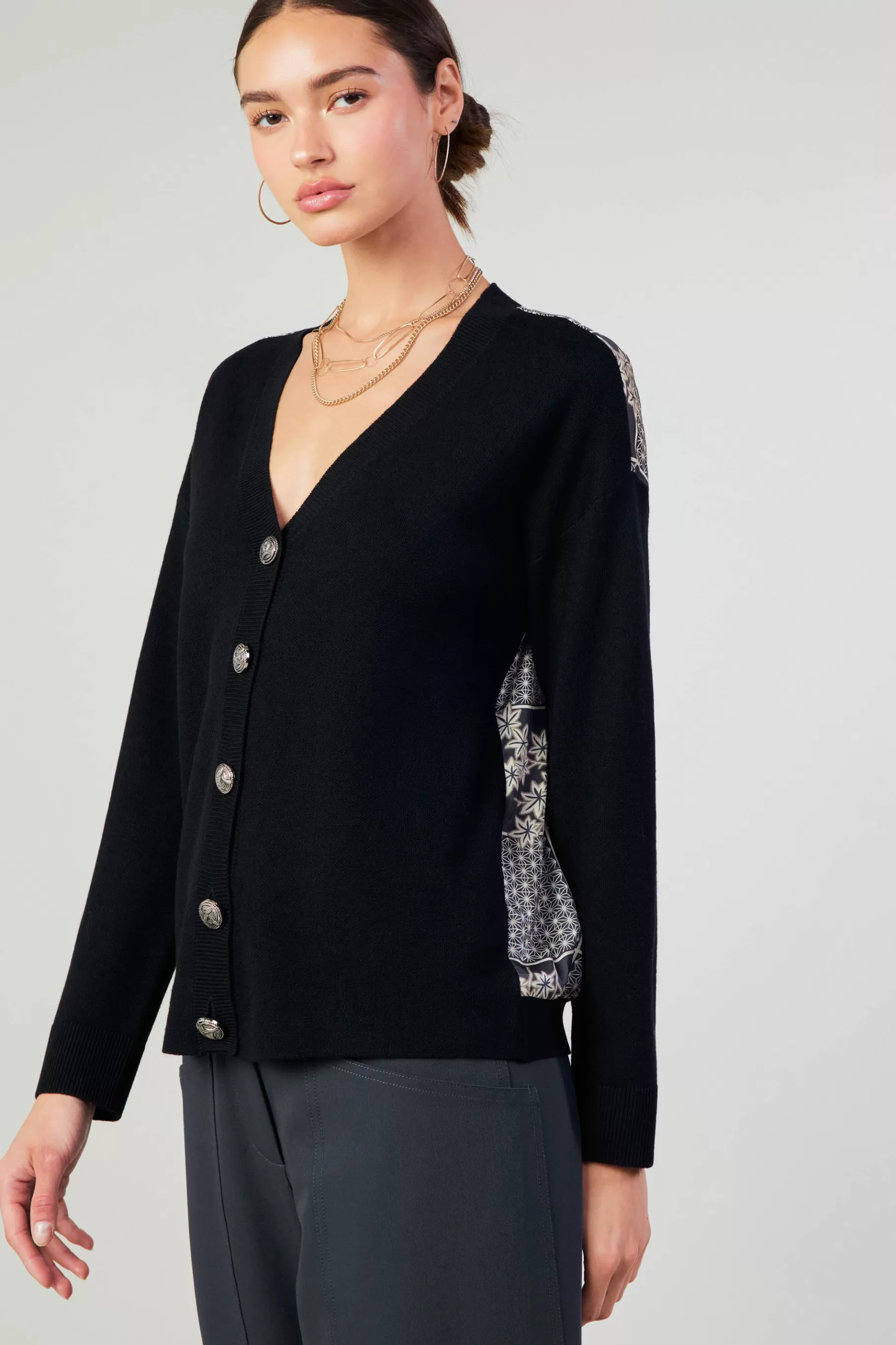 Current Air Cardigans | Sweaters>Contrast Paneled Cardigan BLACK
