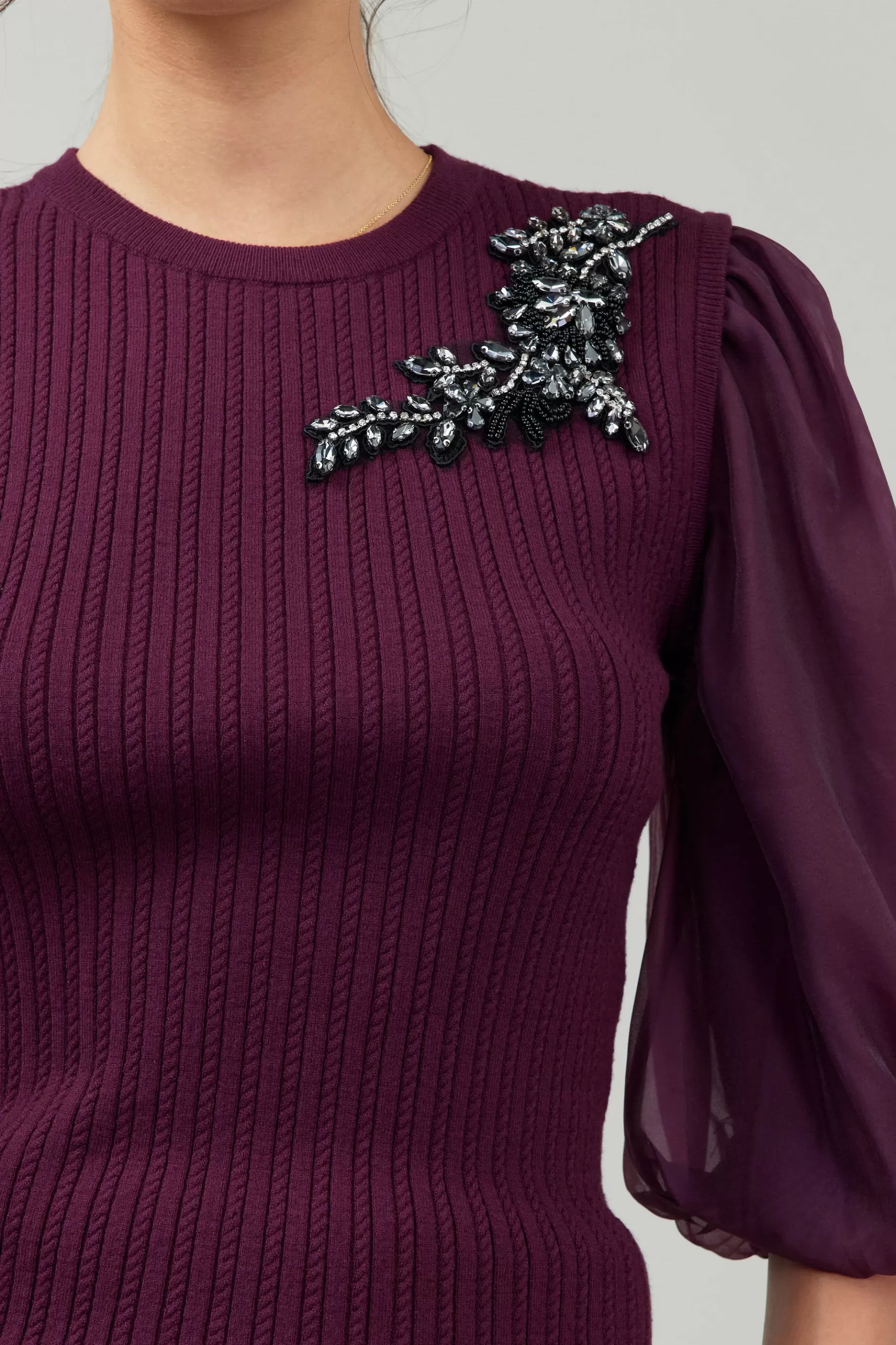Current Air Knitwear | Short Sleeve Tops>Contrast Sleeve Knit Blouse BURGUNDY