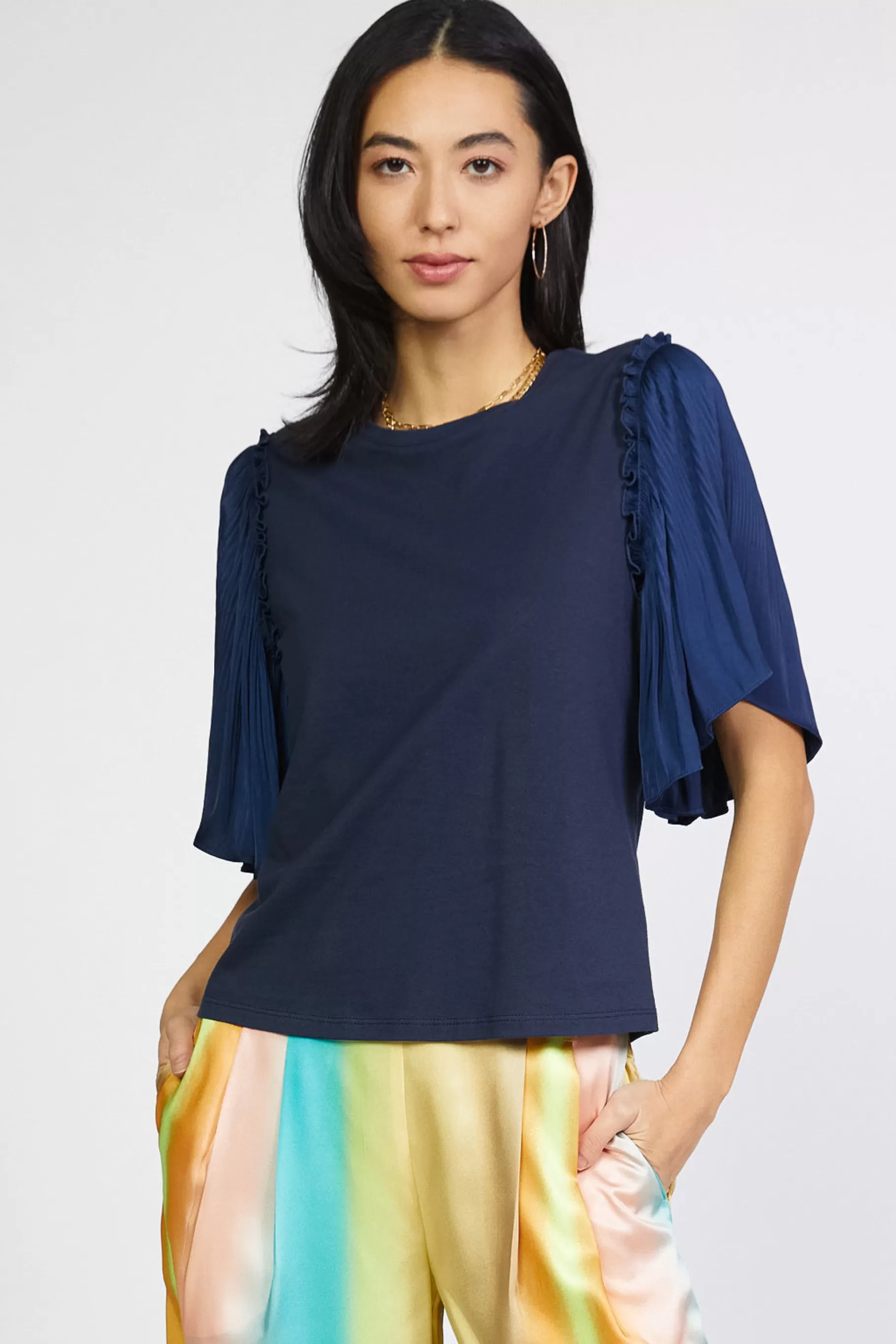 Current Air Short Sleeve Tops>Contrast Sleeve Shirt NAVY