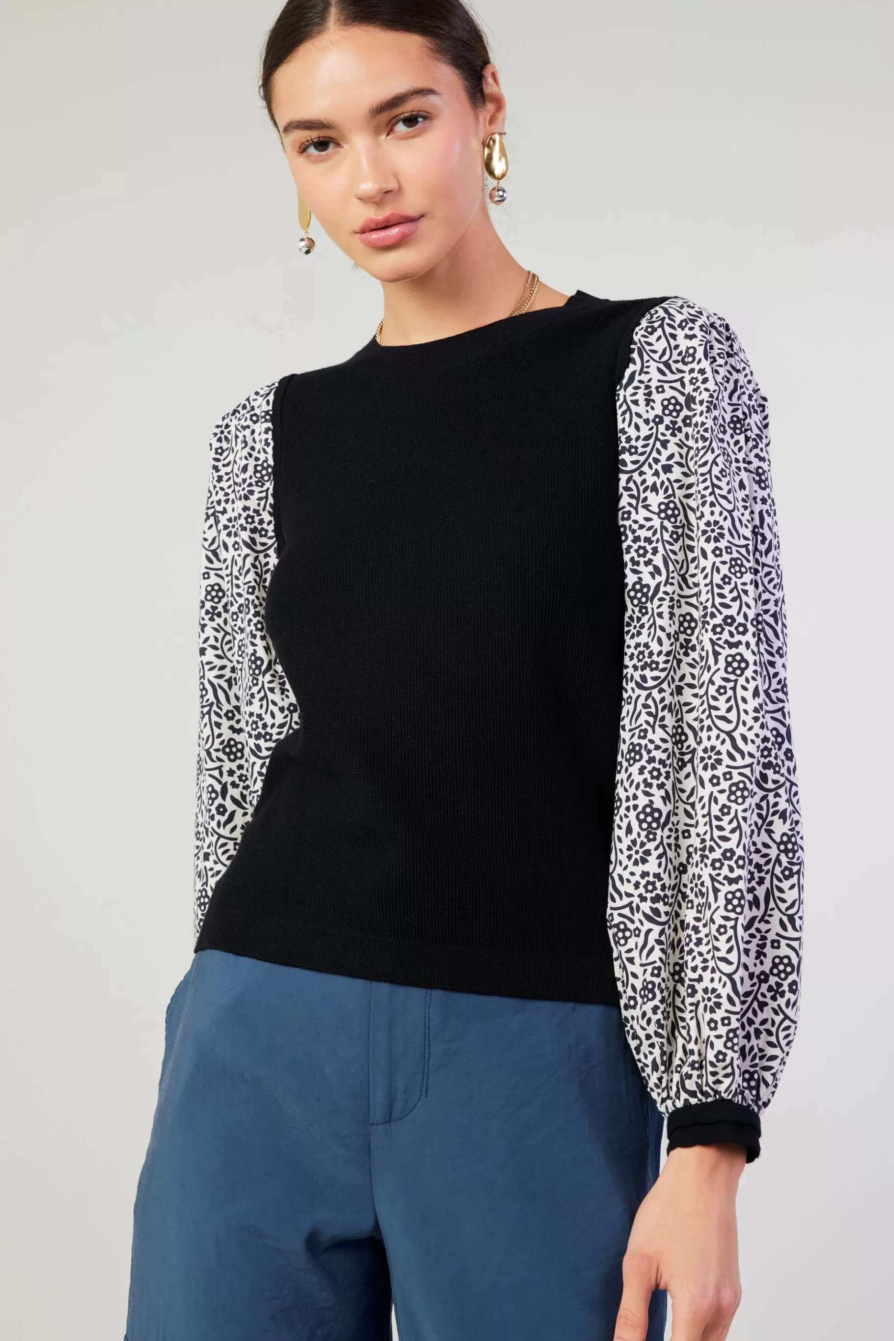Current Air Knitwear | Sweaters>Contrast Sleeve Sweater Top BLACK