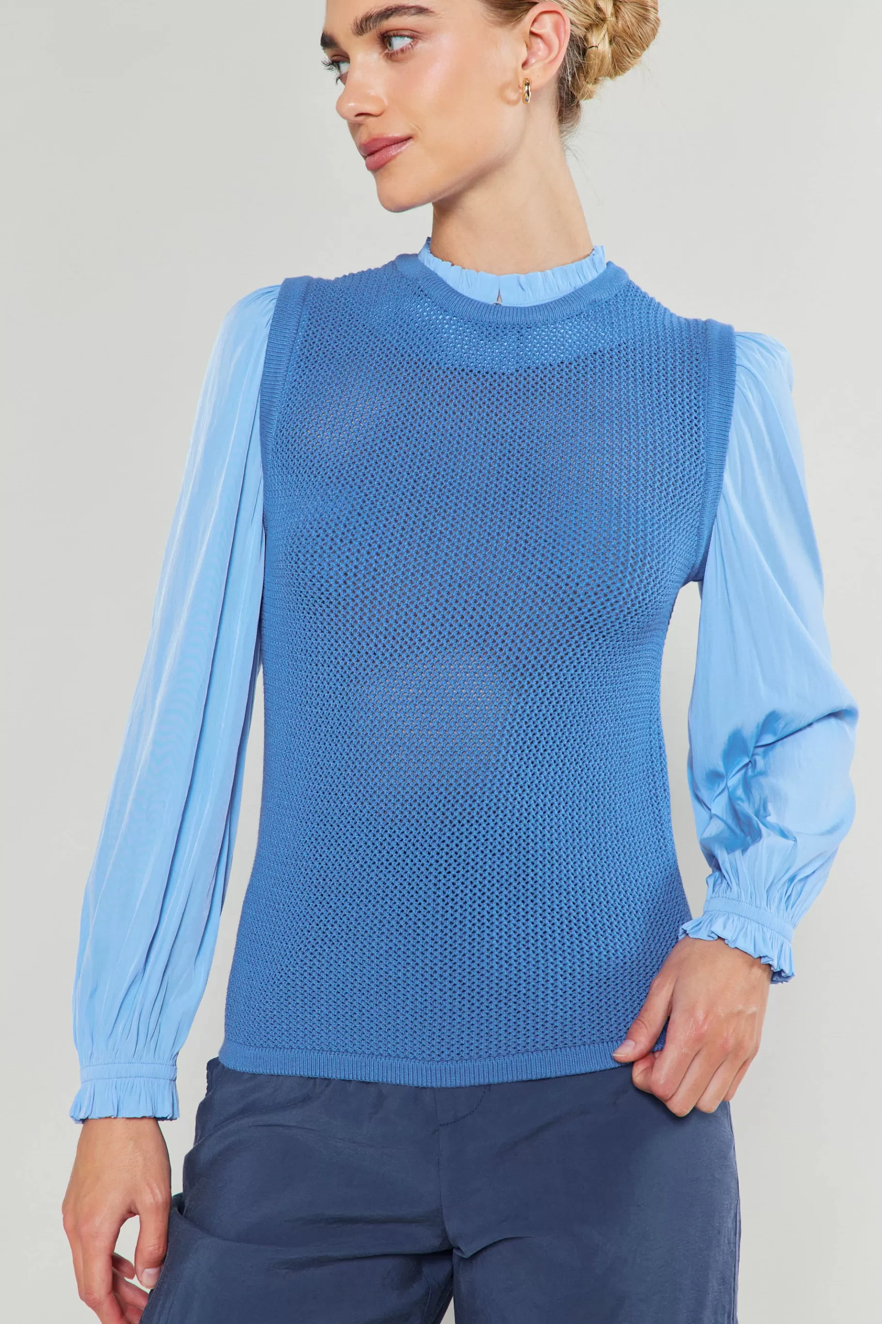 Current Air Knitwear | Long Sleeve Tops>Contrast Sleeve Sweater Top AEROBLUE