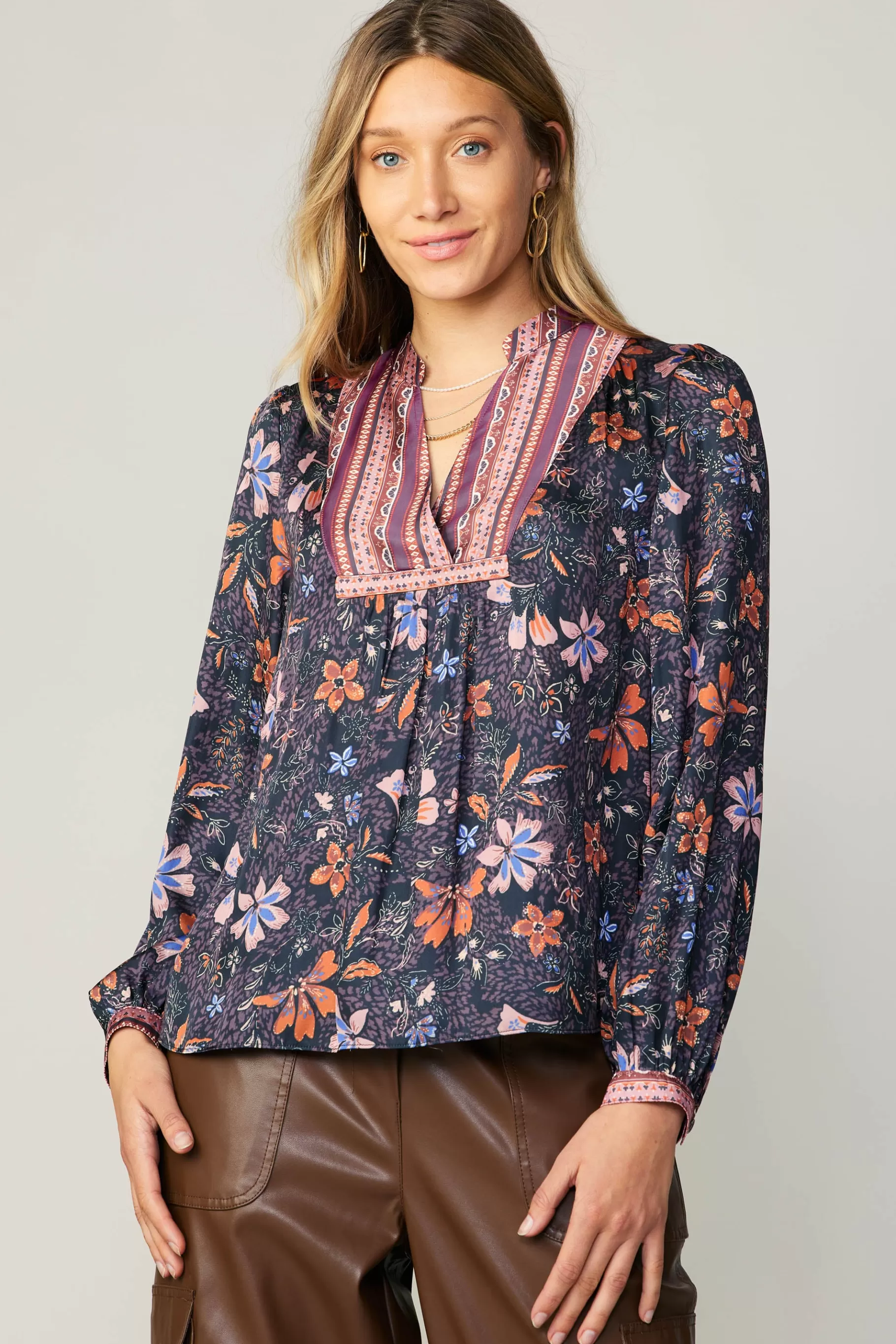 Current Air Long Sleeve Tops>Contrast Stripe Floral Blouse MULTI
