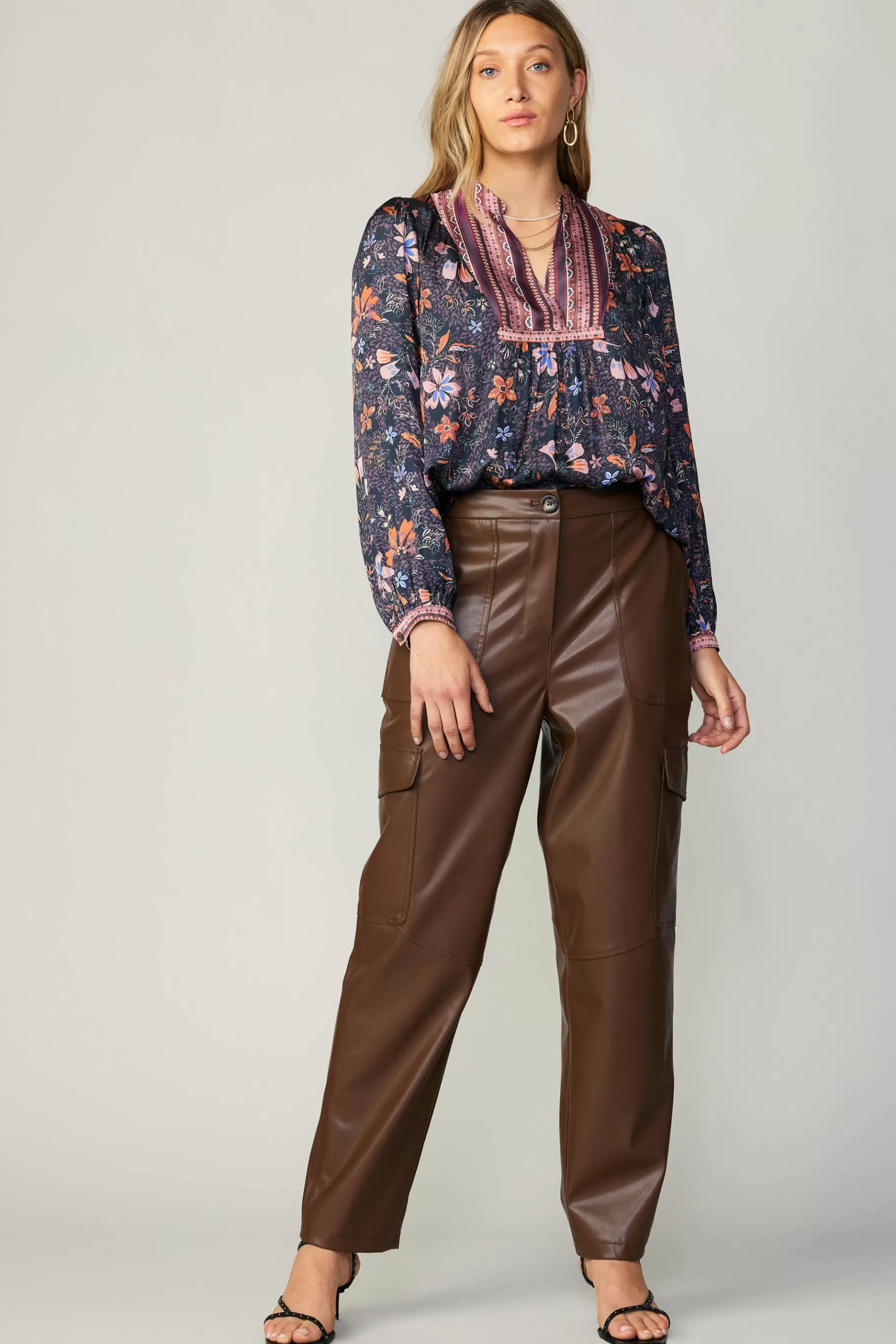 Current Air Long Sleeve Tops>Contrast Stripe Floral Blouse MULTI