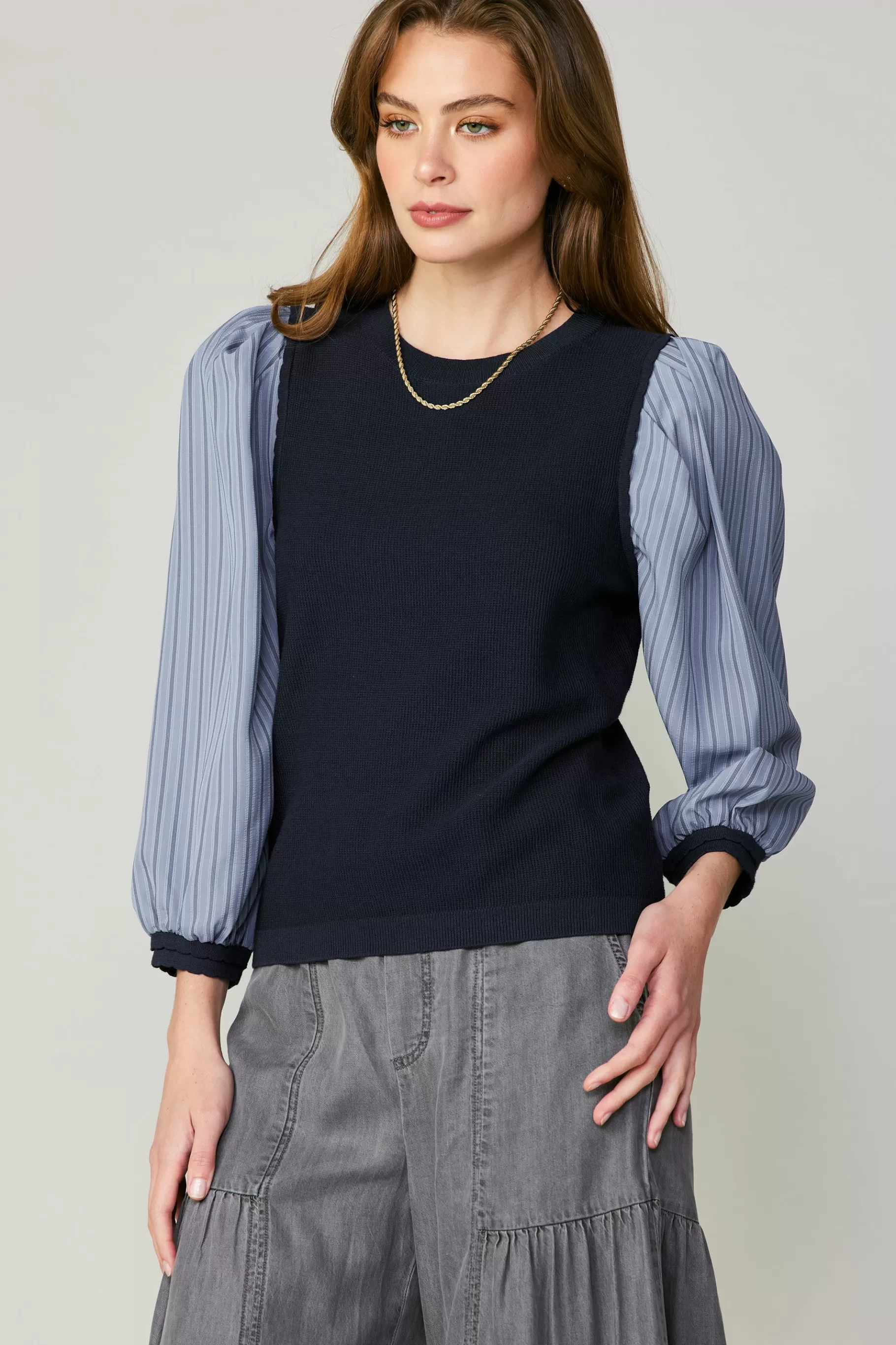 Current Air Long Sleeve Tops | Sweaters>Contrast Sweater Top NAVY