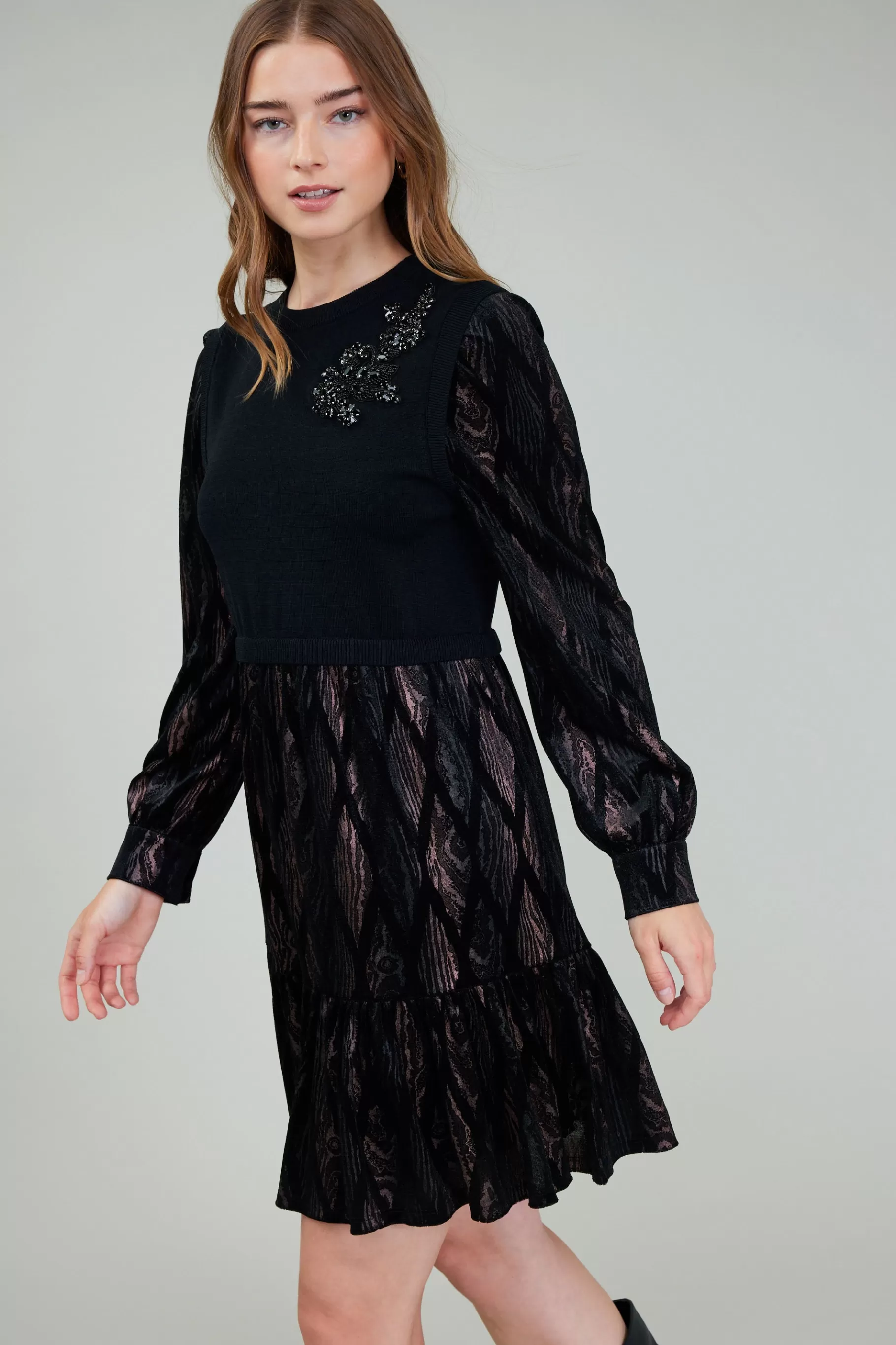 Current Air Knitwear | Mini Dresses>Contrast Velvet Foil Mini Dress BLACKBRONZEMULTI
