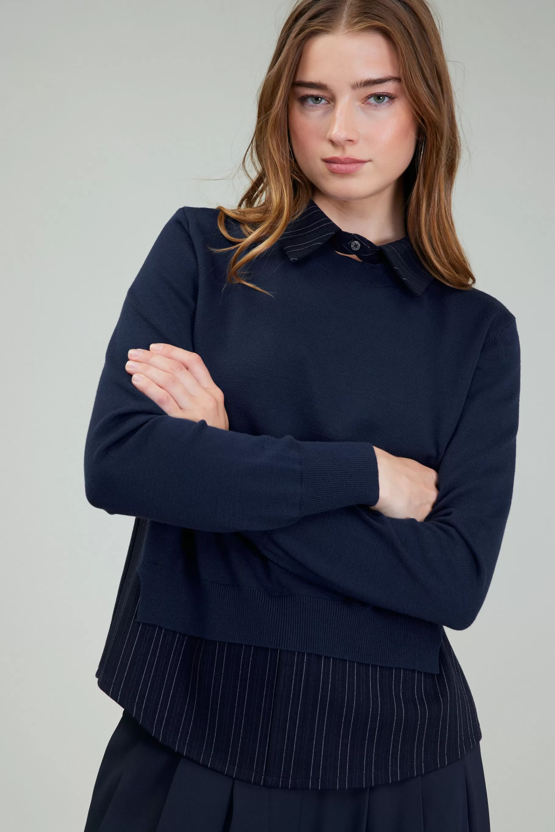 Current Air Knitwear | Long Sleeve Tops>Corduroy Knit & Woven Top NAVY