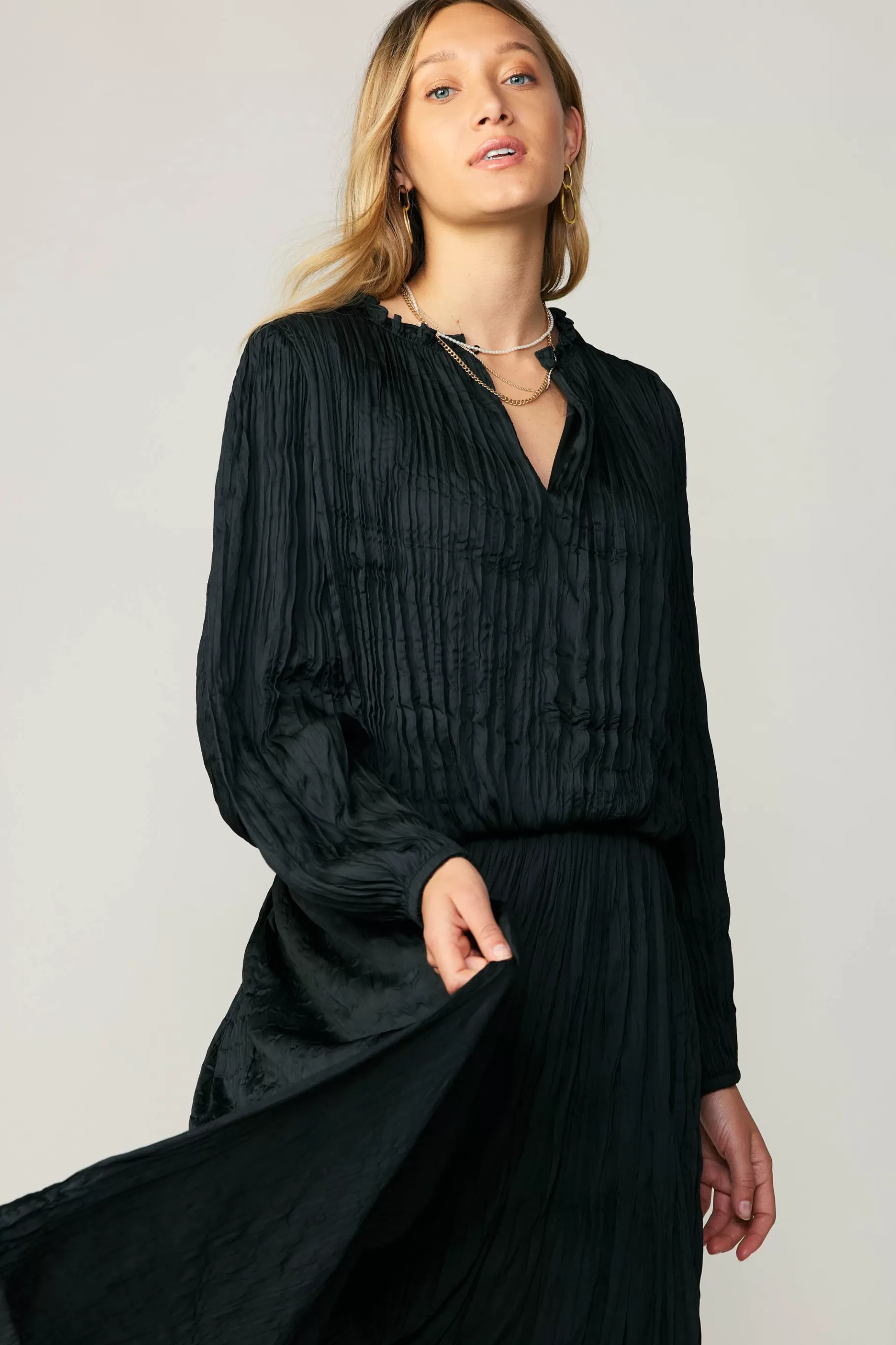 Current Air Long Sleeve Tops>Crinkle Plisse Blouse BLACK