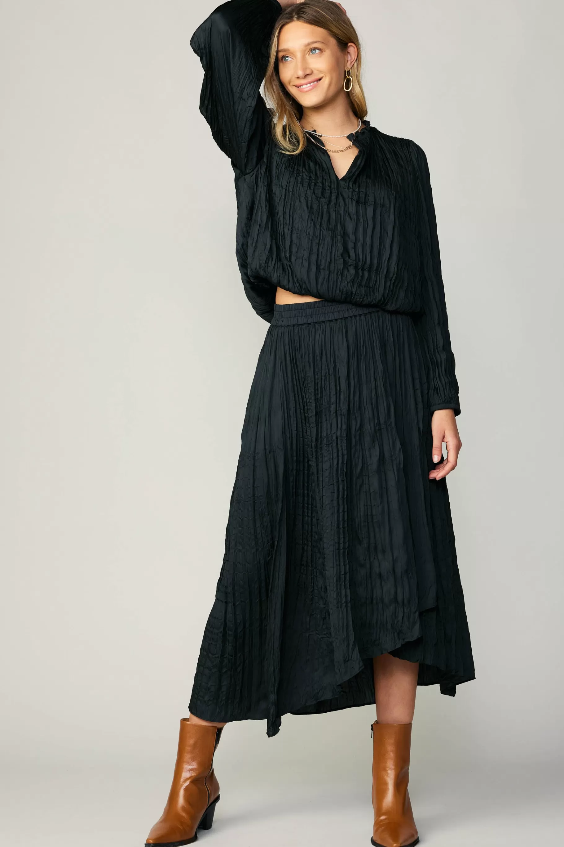 Current Air Skirts>Crinkle Plisse Midi Skirt BLACK