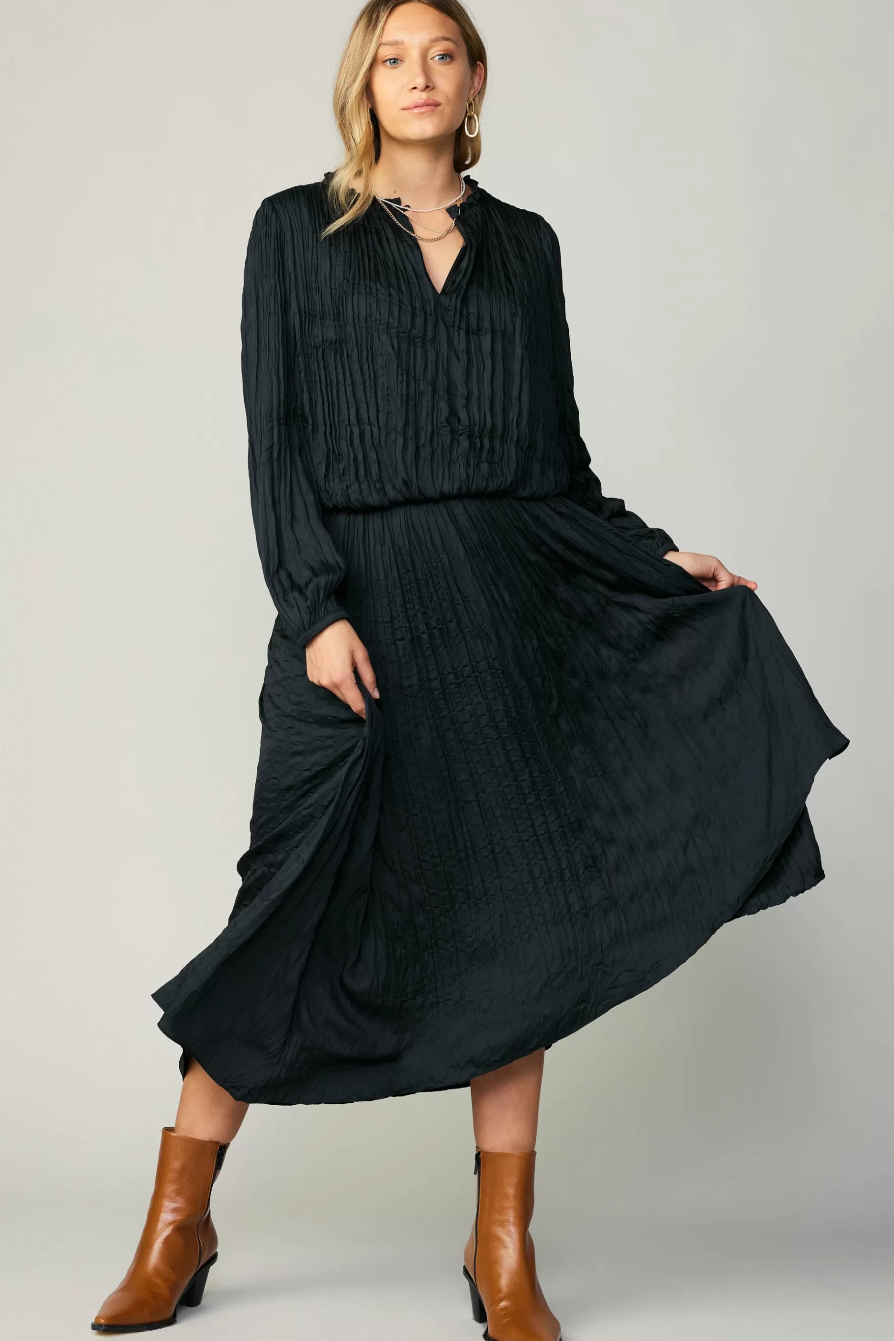 Current Air Skirts>Crinkle Plisse Midi Skirt BLACK