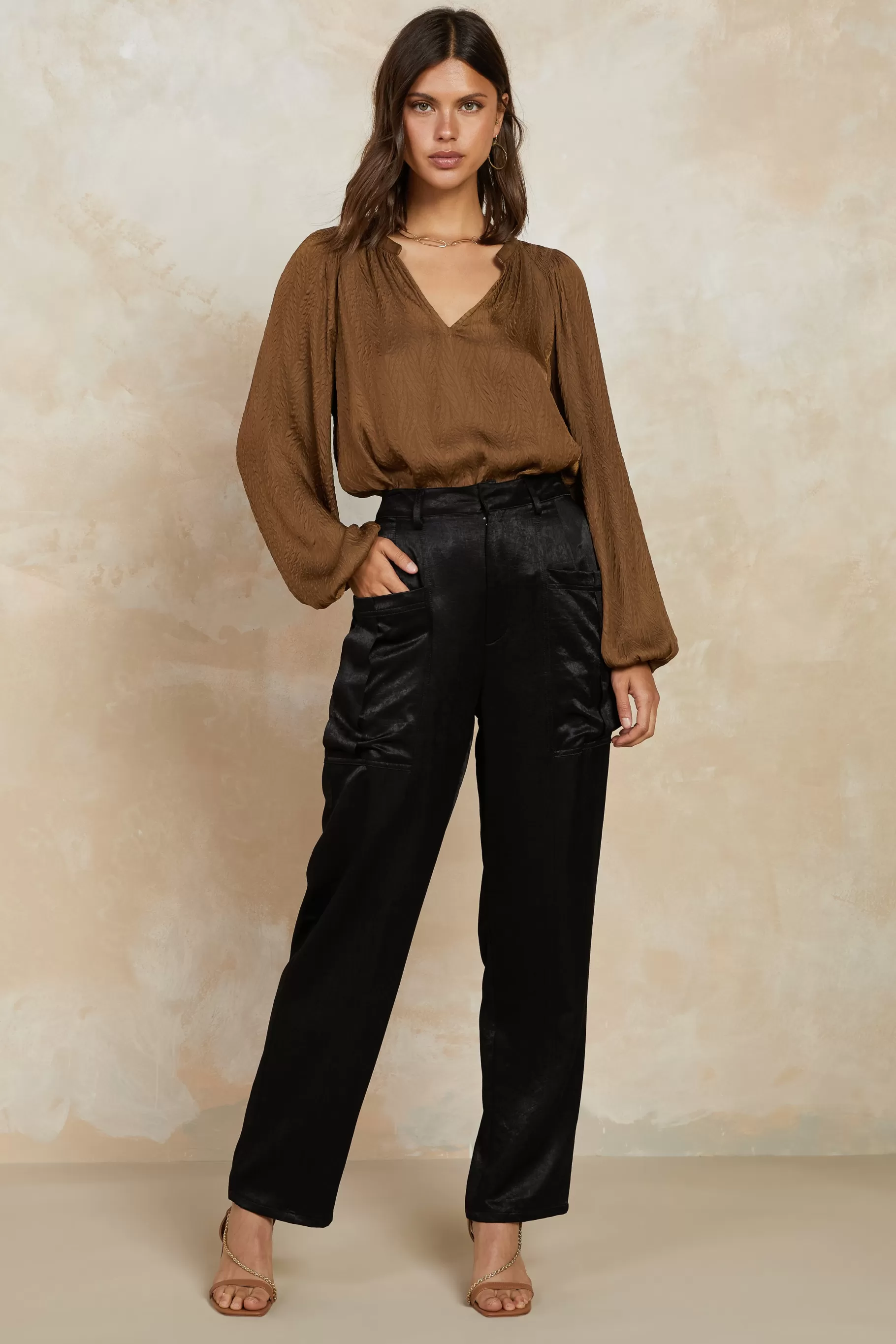 Current Air Long Sleeve Tops>Crinkle Texture Blouse BROWN