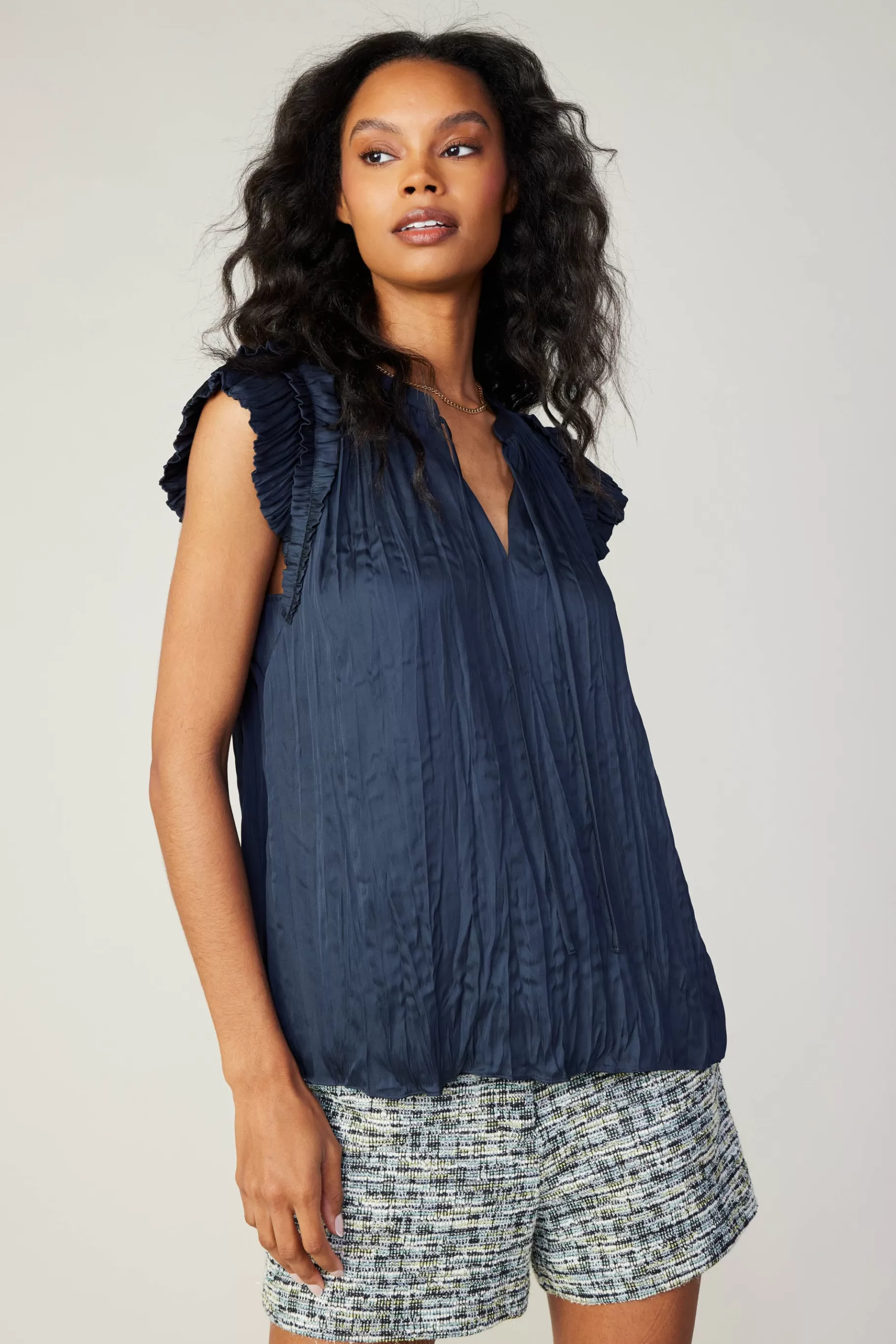 Current Air Sleeveless Tops>Crinkled Flutter Sleeve Top SLATENAVY