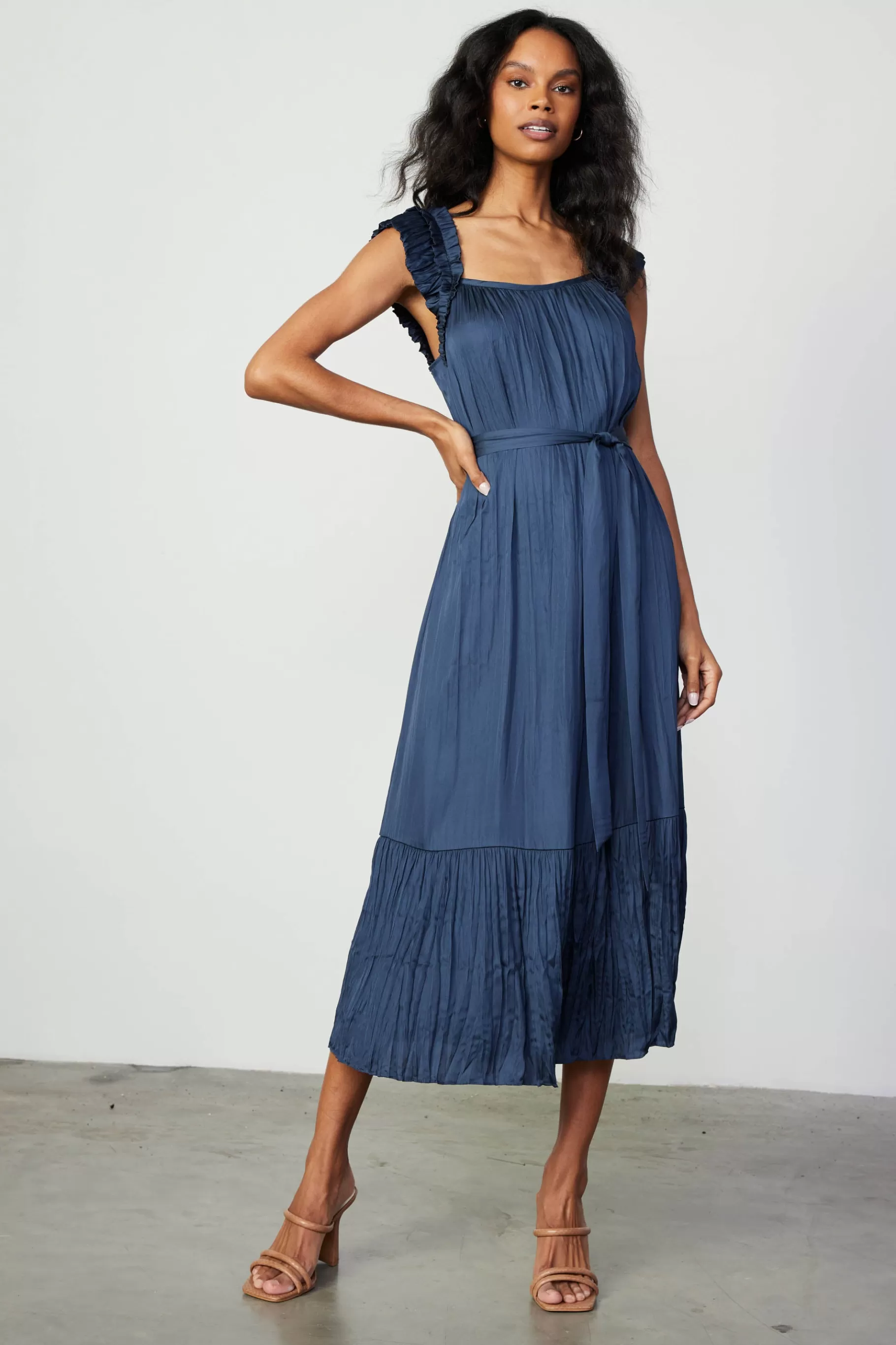 Current Air Midi Dresses>Crinkled Ruffled Shoulder Midi Dress NAVY
