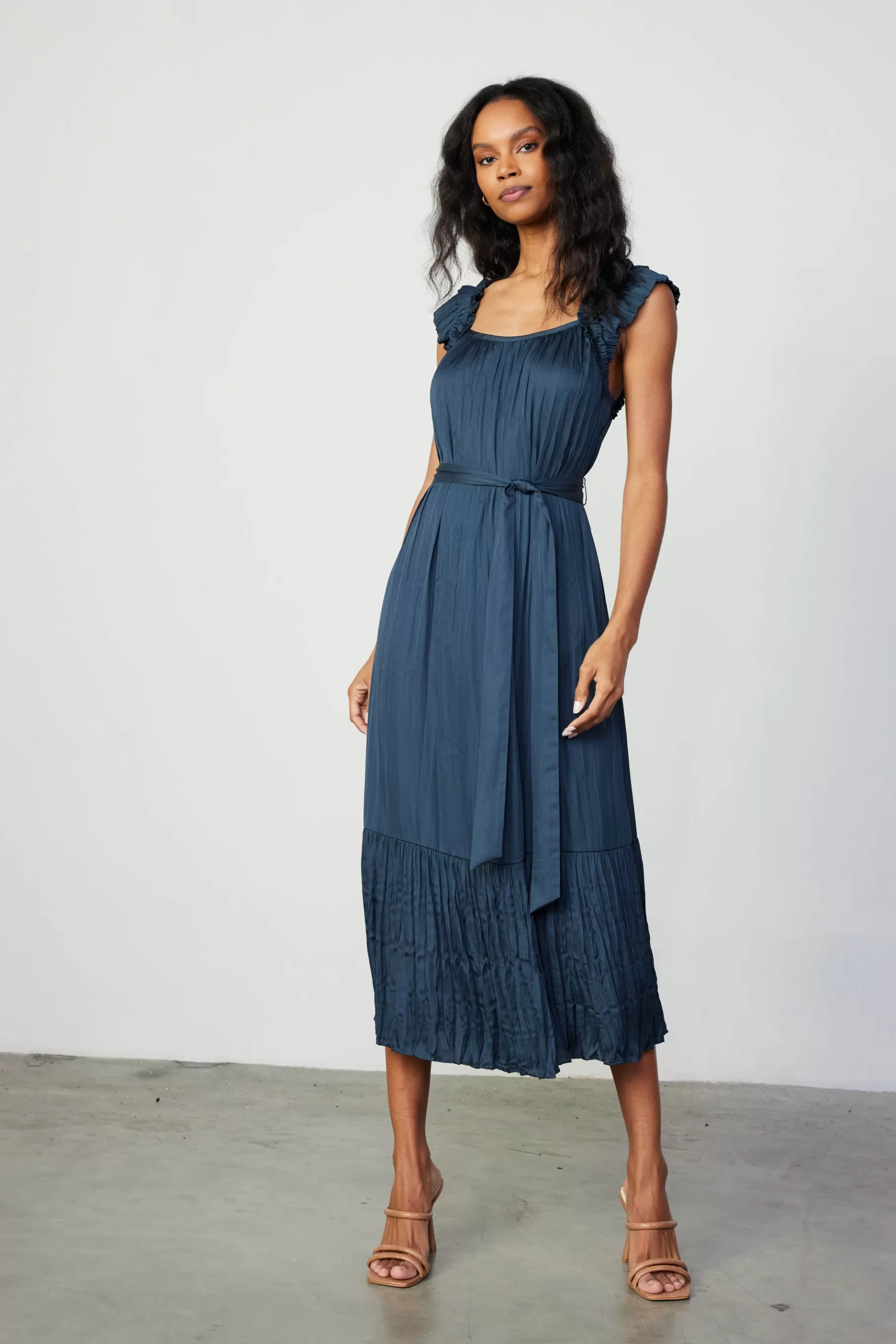 Current Air Midi Dresses>Crinkled Ruffled Shoulder Midi Dress NAVY