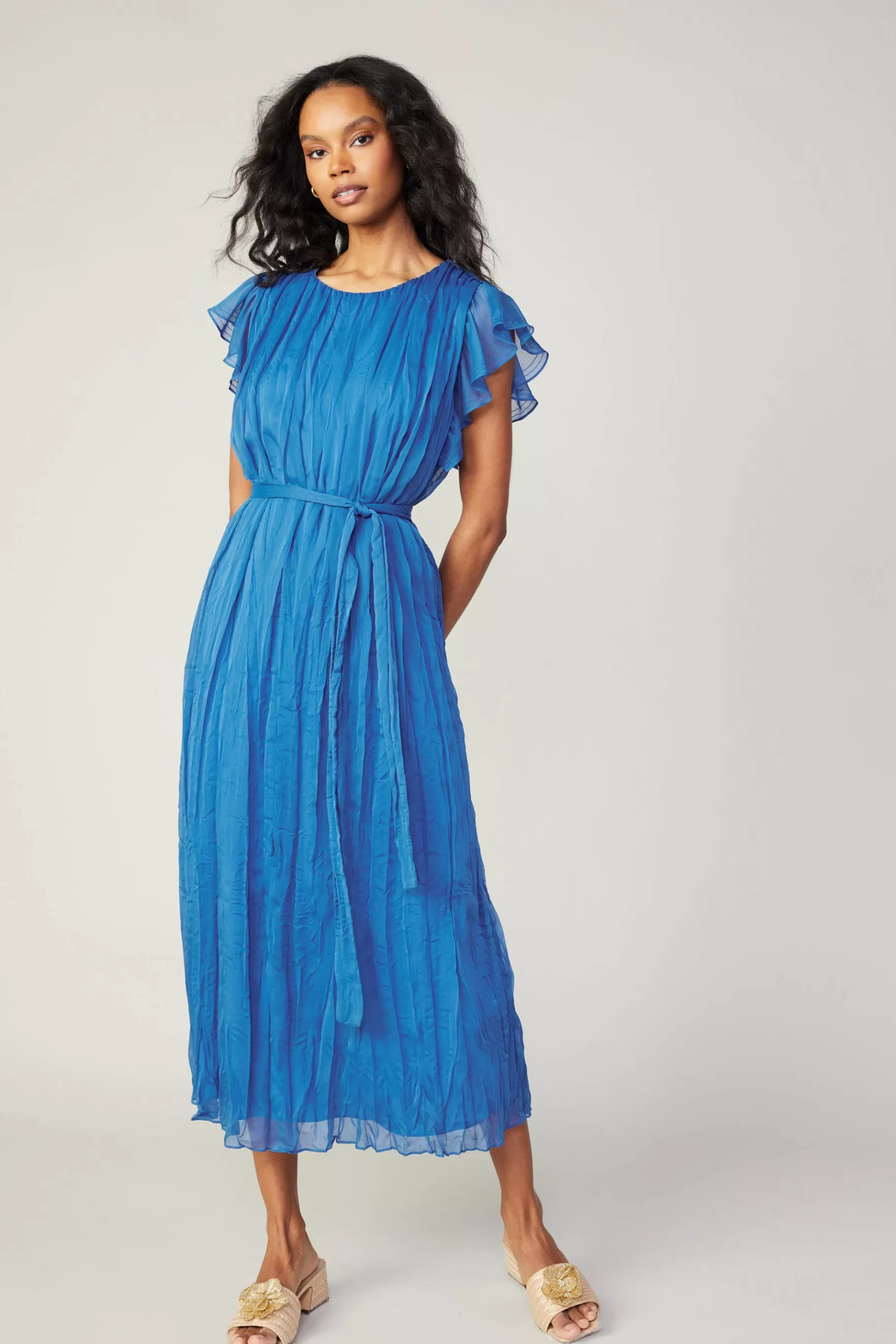 Current Air Midi Dresses>Crinkled Texture Flutter Dress AZUREBLUE
