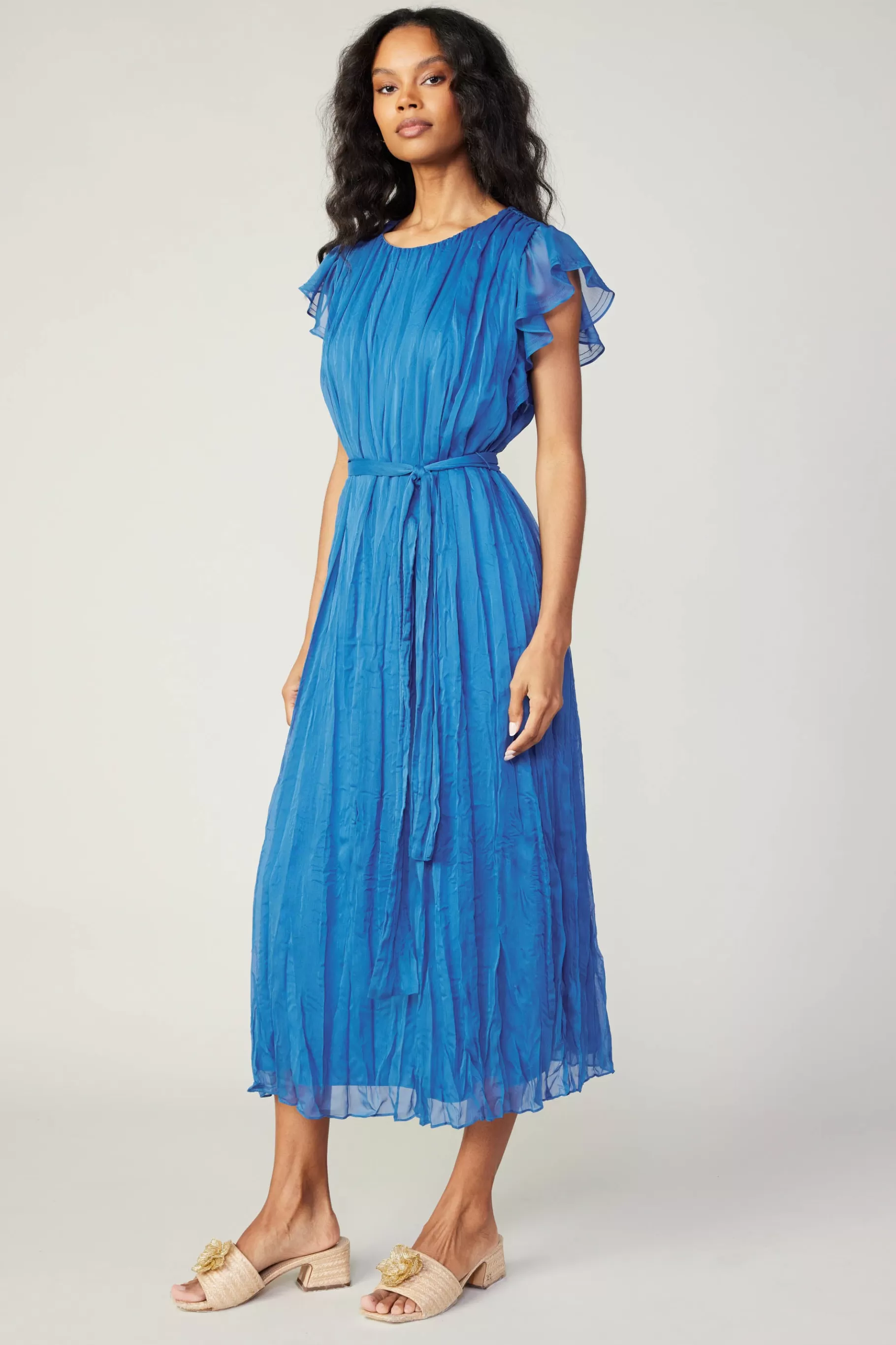 Current Air Midi Dresses>Crinkled Texture Flutter Dress AZUREBLUE