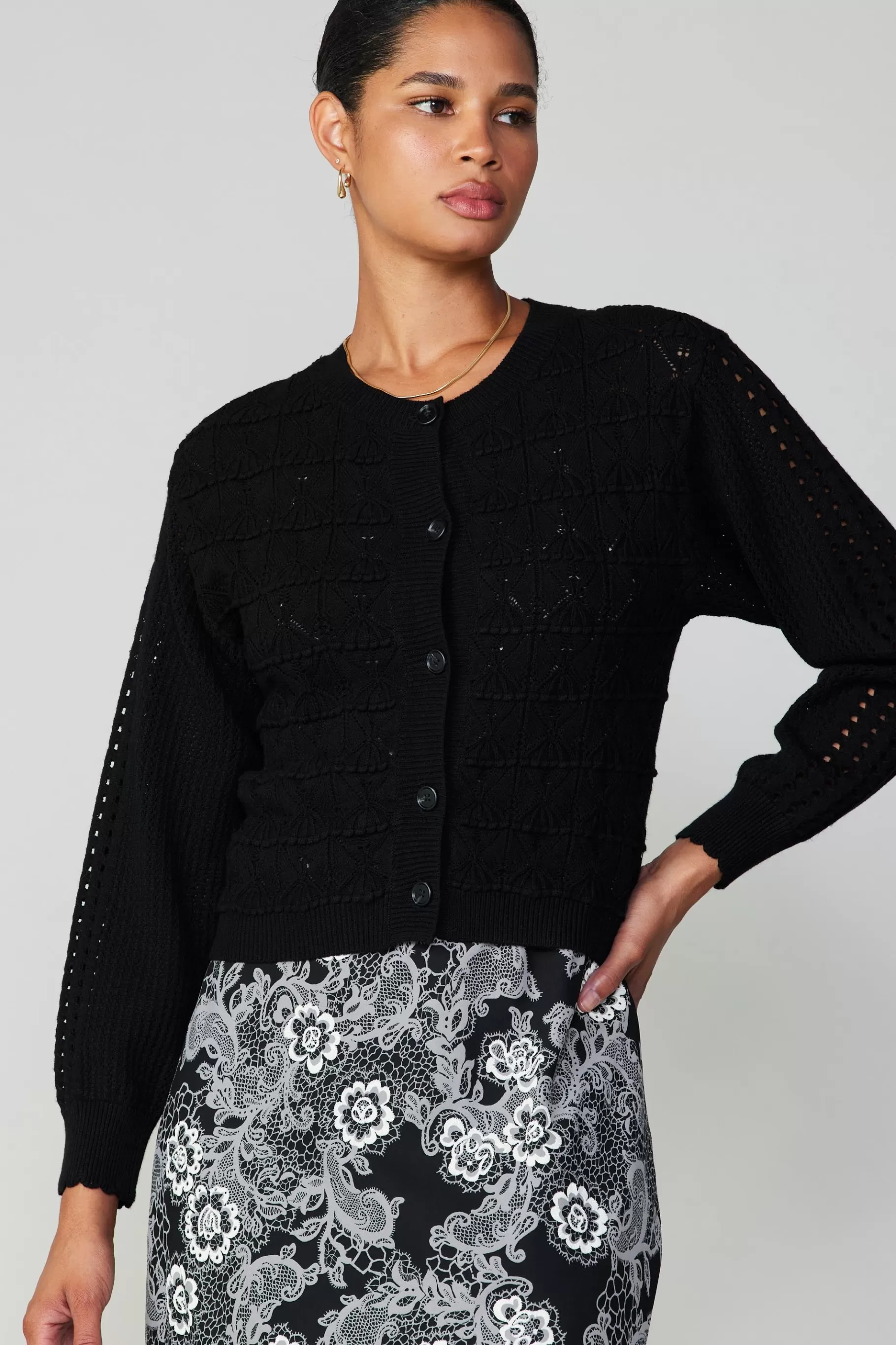 Current Air Cardigans | Long Sleeve Tops>Crochet Sweater Cardigan BLACK