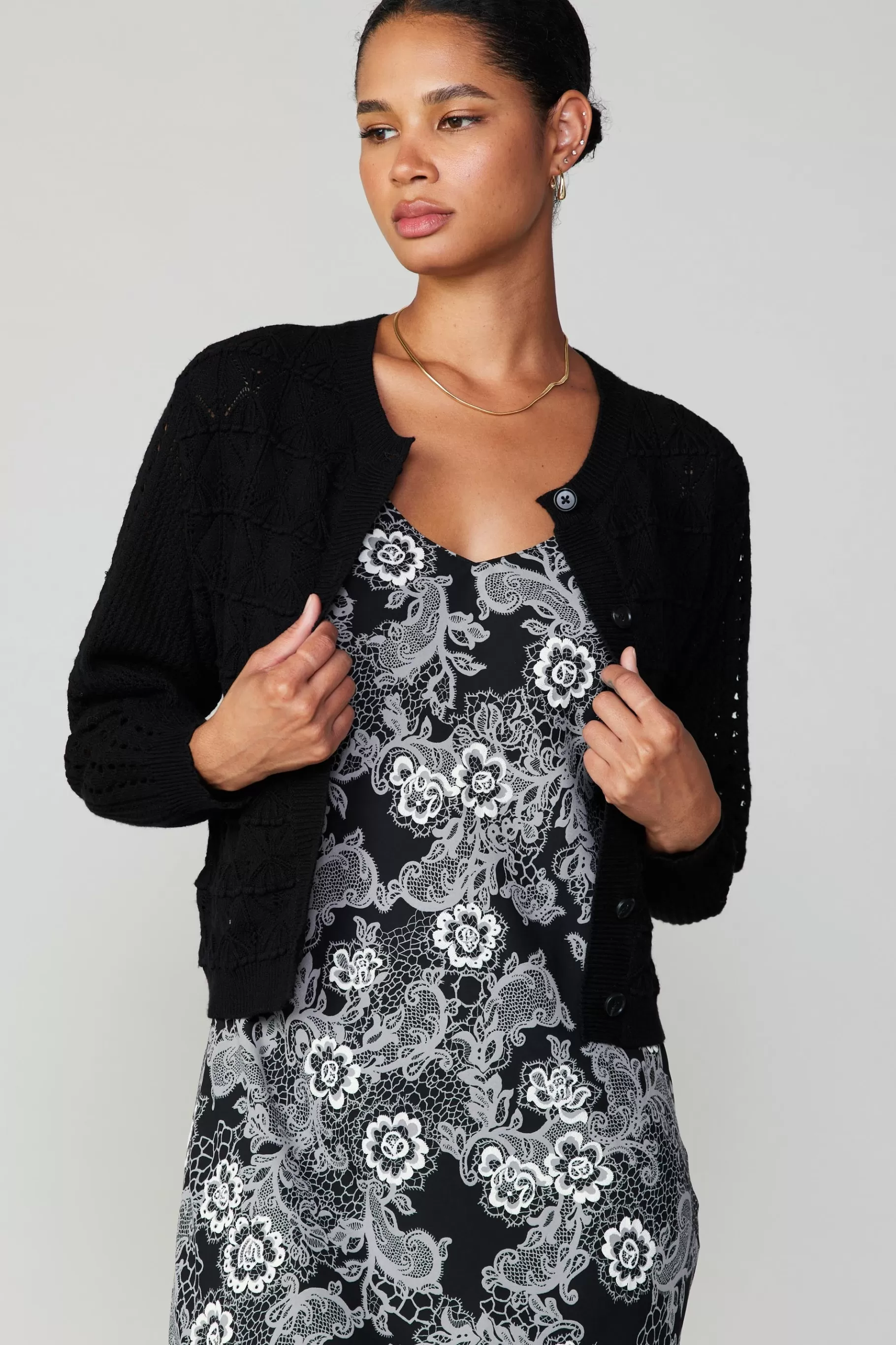 Current Air Cardigans | Long Sleeve Tops>Crochet Sweater Cardigan BLACK