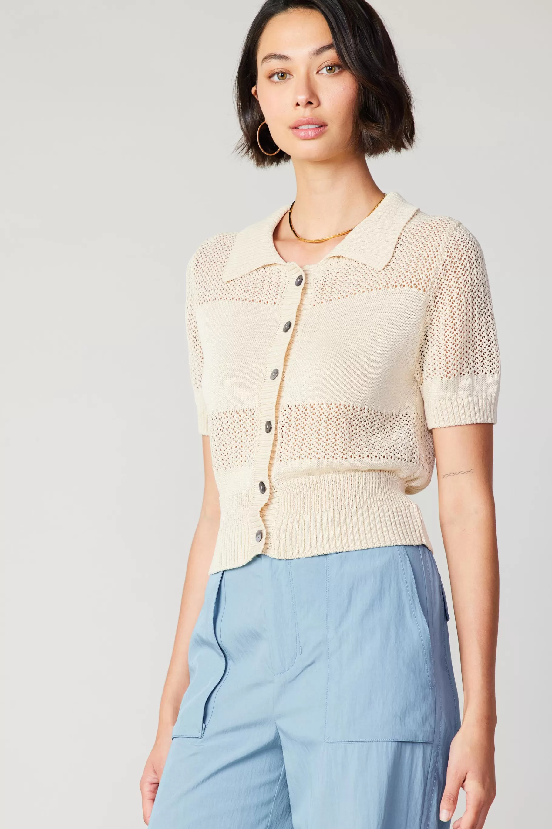 Current Air Knitwear | Short Sleeve Tops>Cropped Knit Top NATURAL