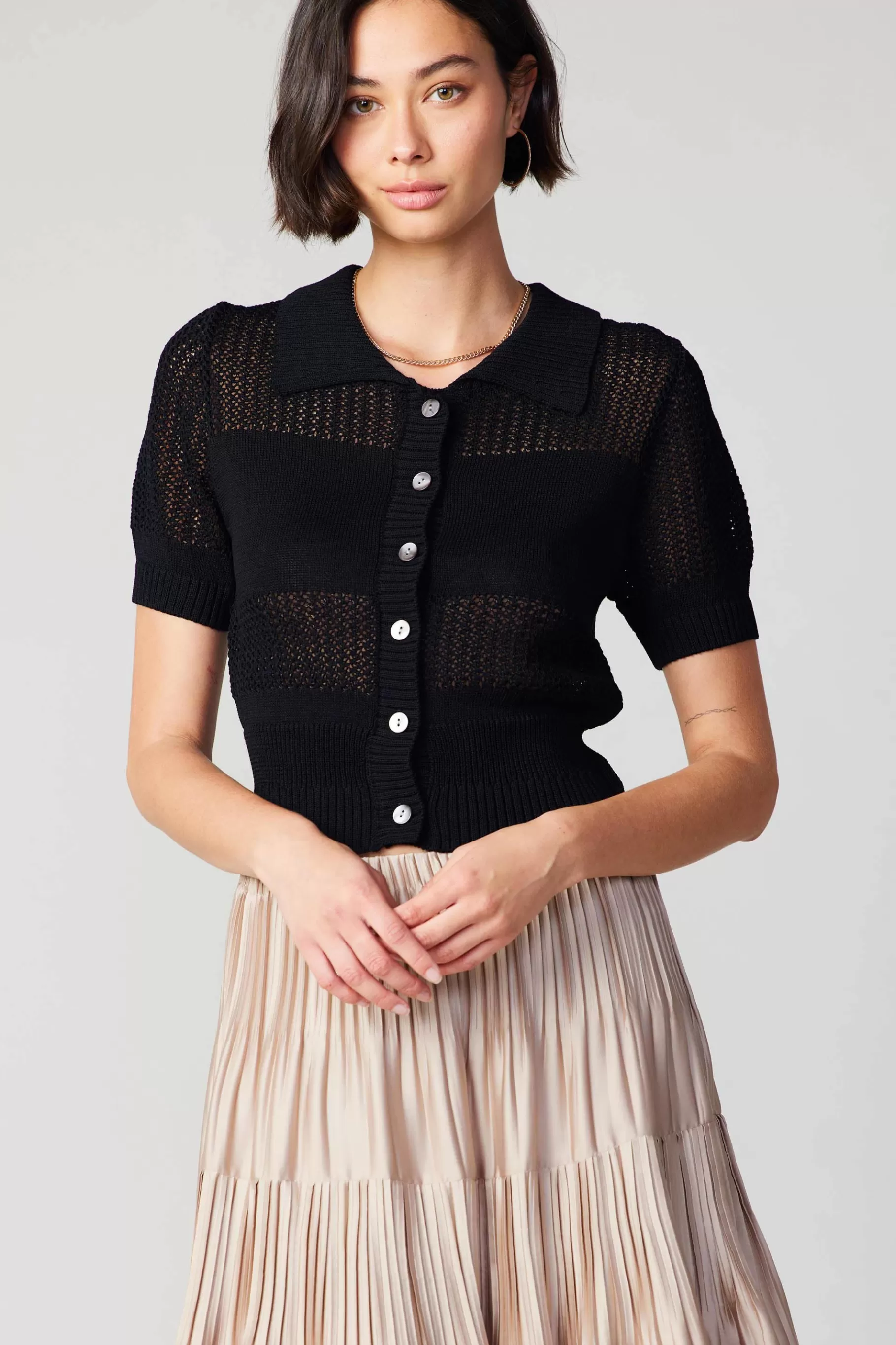 Current Air Knitwear | Short Sleeve Tops>Cropped Knit Top BLACK