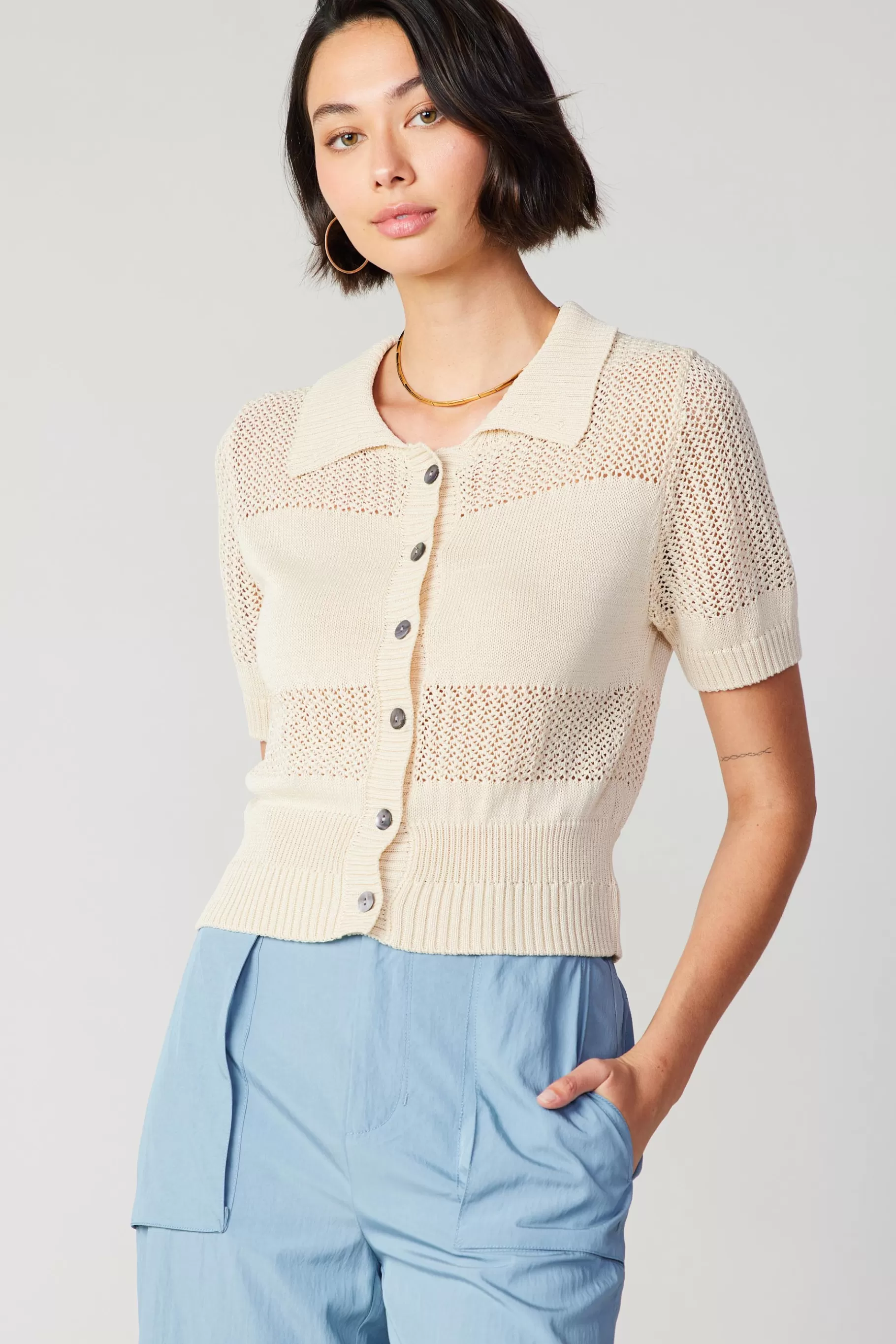 Current Air Knitwear | Short Sleeve Tops>Cropped Knit Top NATURAL