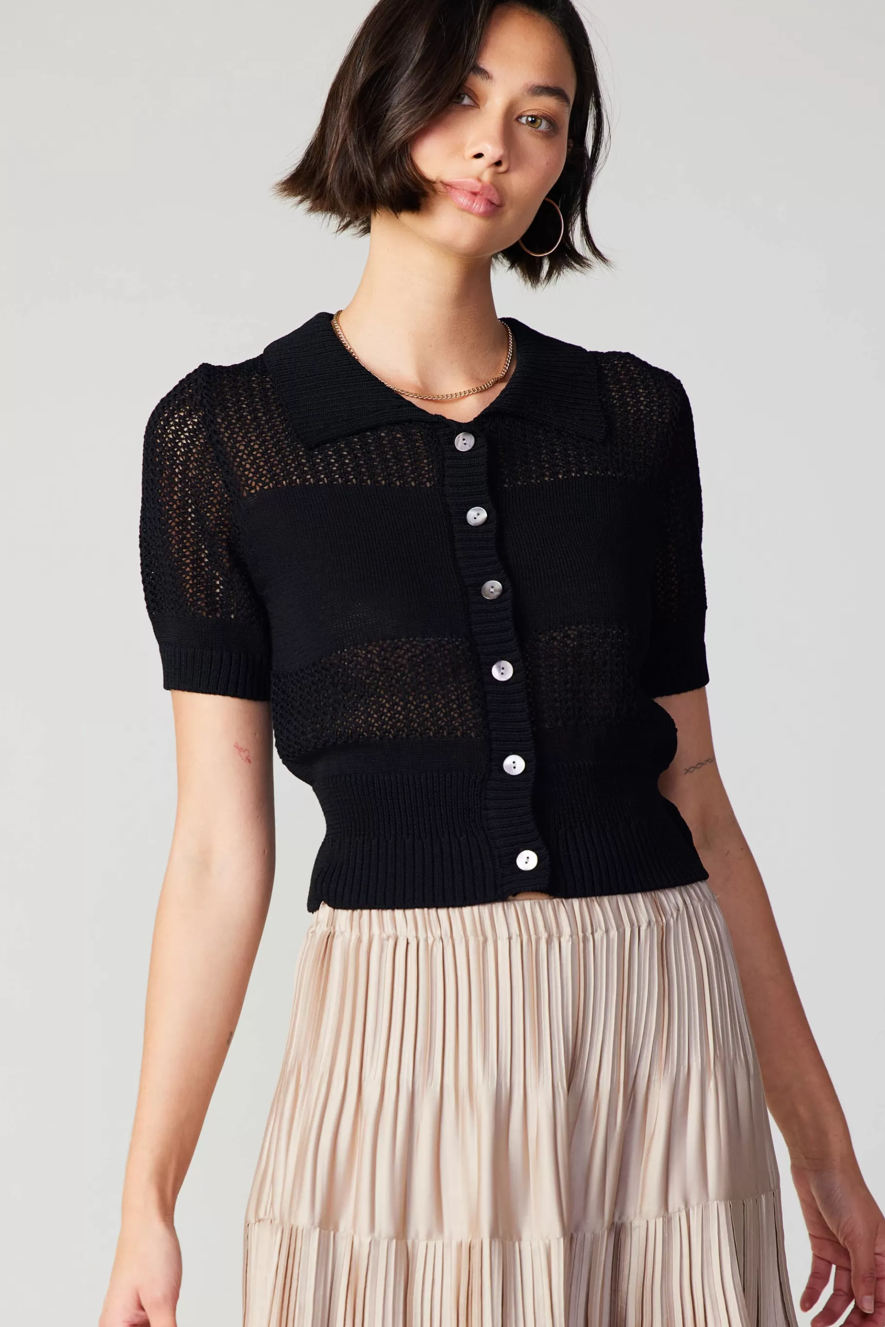 Current Air Knitwear | Short Sleeve Tops>Cropped Knit Top BLACK