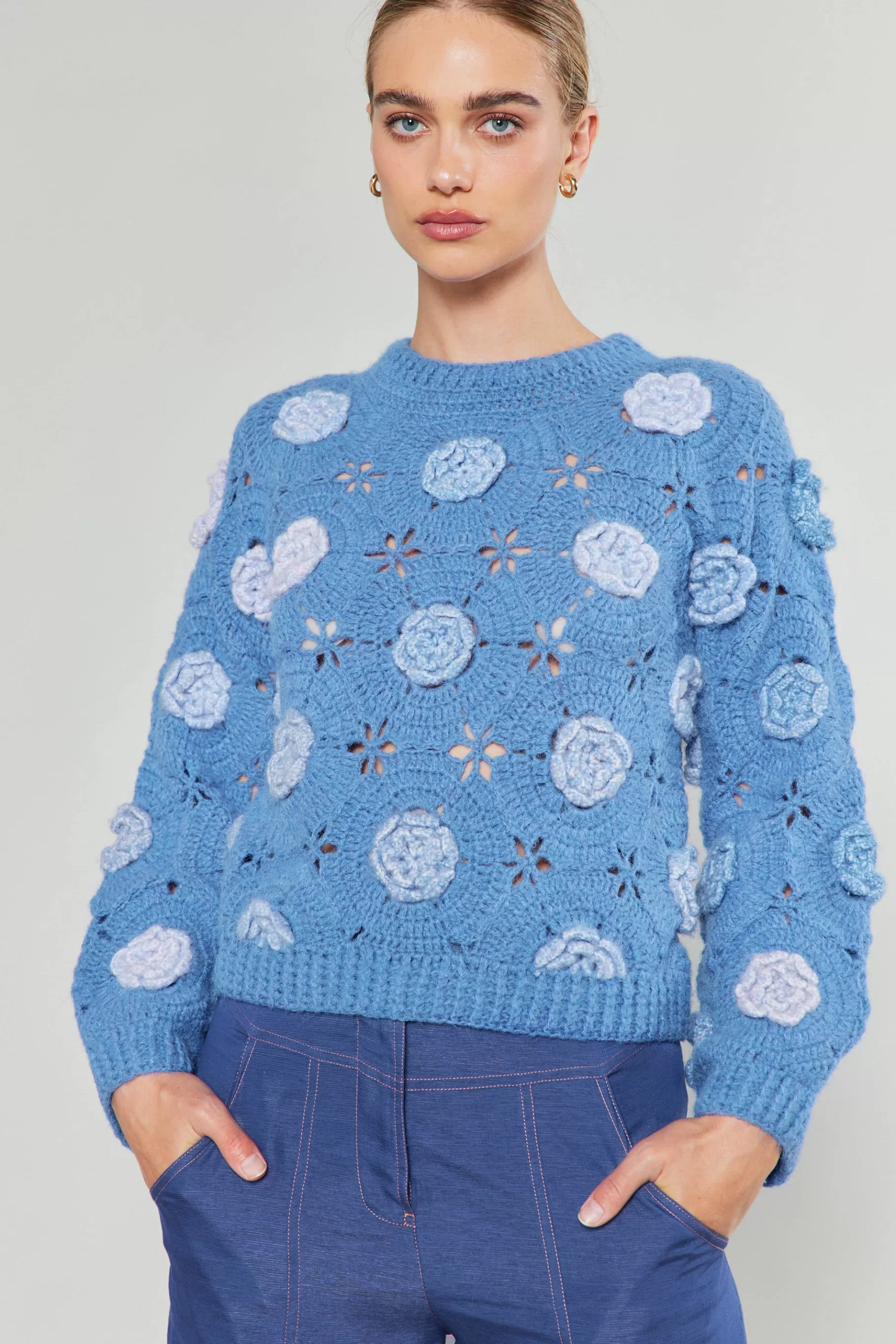 Current Air Knitwear | Sweaters>3D Floral Crochet Sweater BLUEMLT