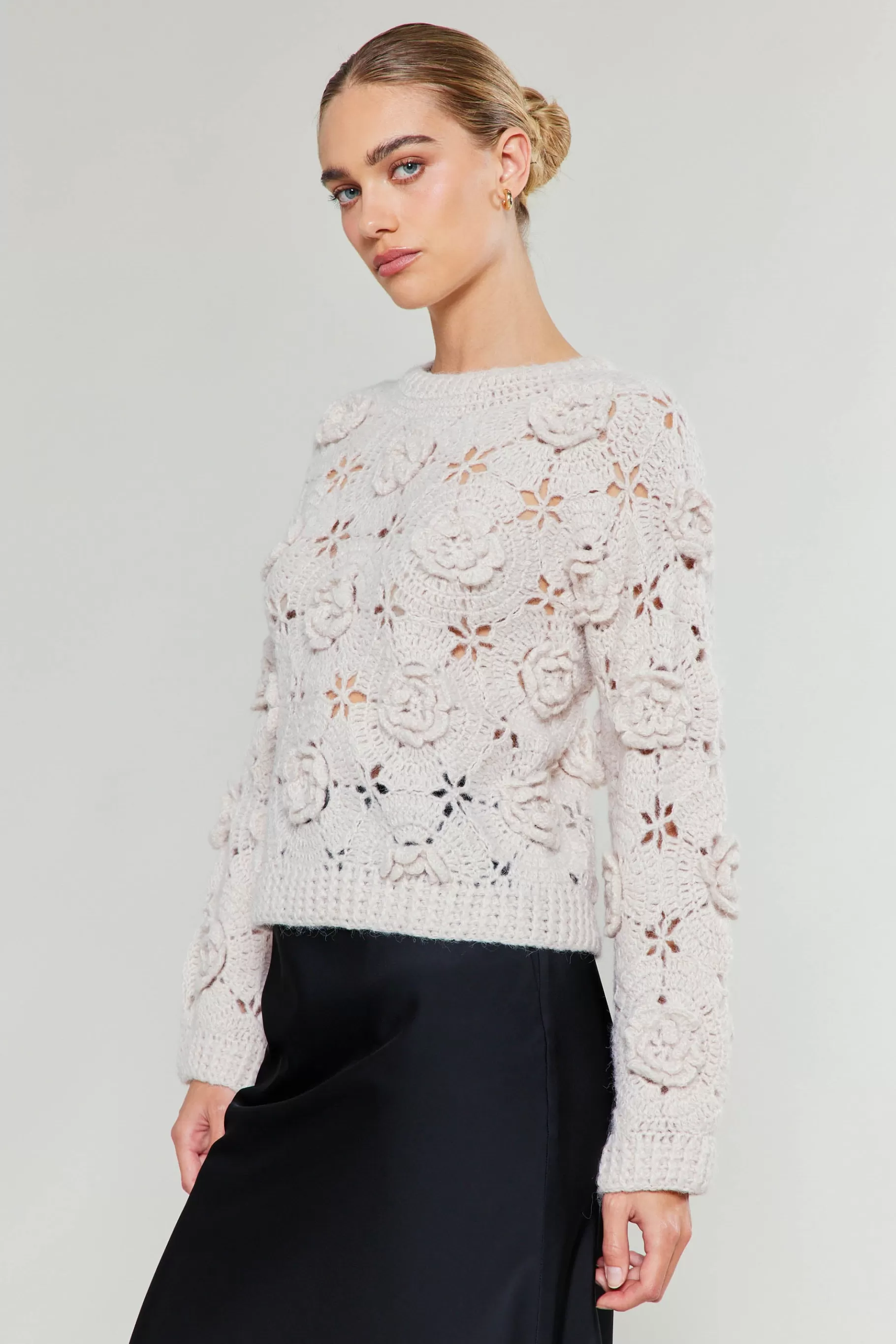 Current Air Knitwear | Sweaters>3D Floral Crochet Sweater IVORY