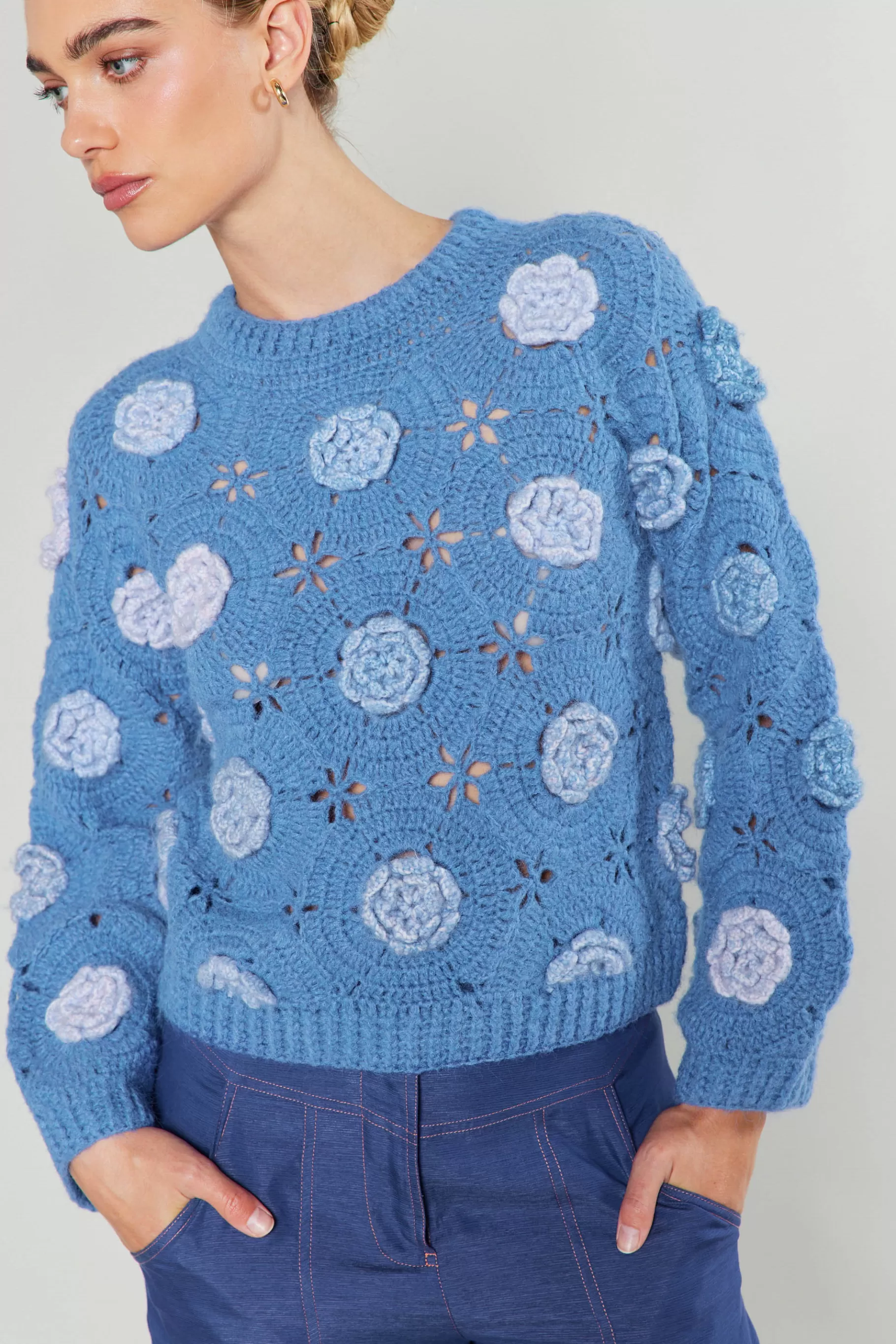Current Air Knitwear | Sweaters>3D Floral Crochet Sweater BLUEMLT