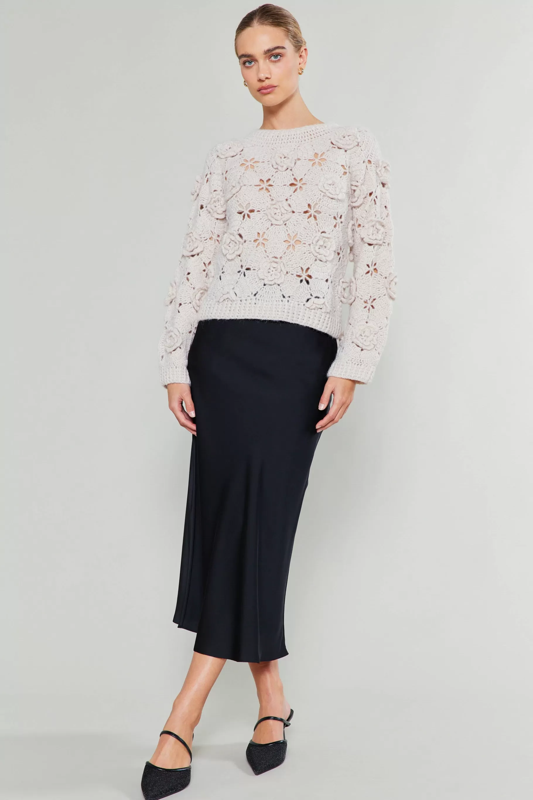 Current Air Knitwear | Sweaters>3D Floral Crochet Sweater IVORY